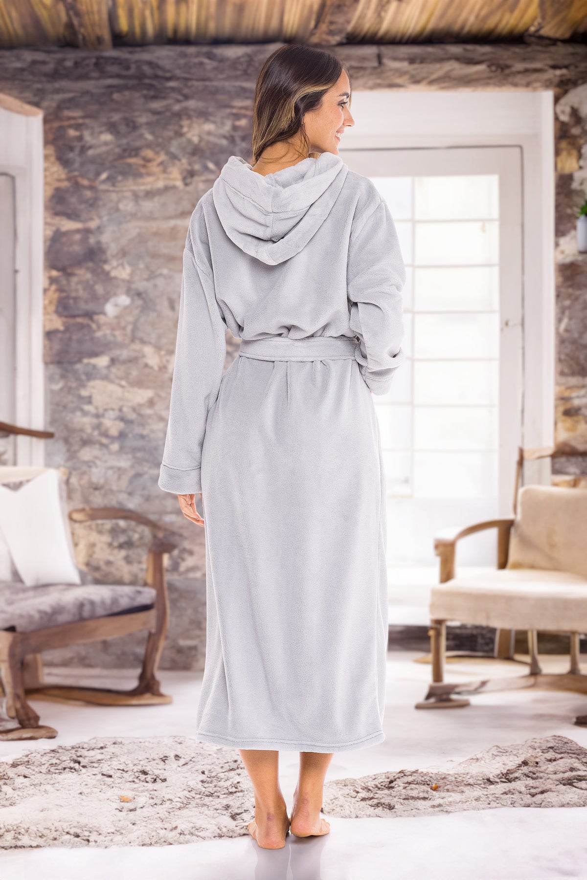 Light Gray Plush Fleece Robe for Women, Long Hooded Bathrobe with Hood, Plus Size