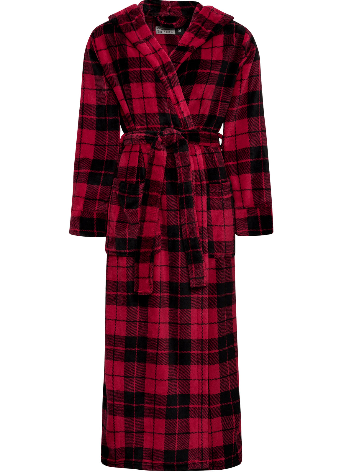 Red Black Plaid Plush Fleece Robe for Women, Long Hooded Bathrobe with Hood, Plus Size