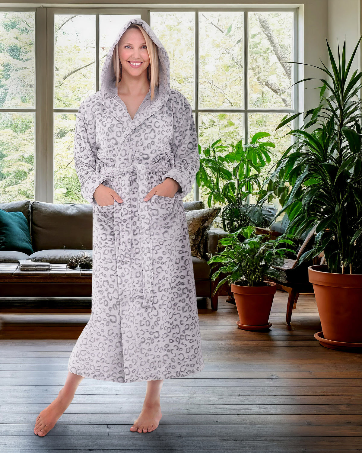 Leopard Print White Plush Fleece Robe for Women, Long Hooded Bathrobe with Hood, Plus Size