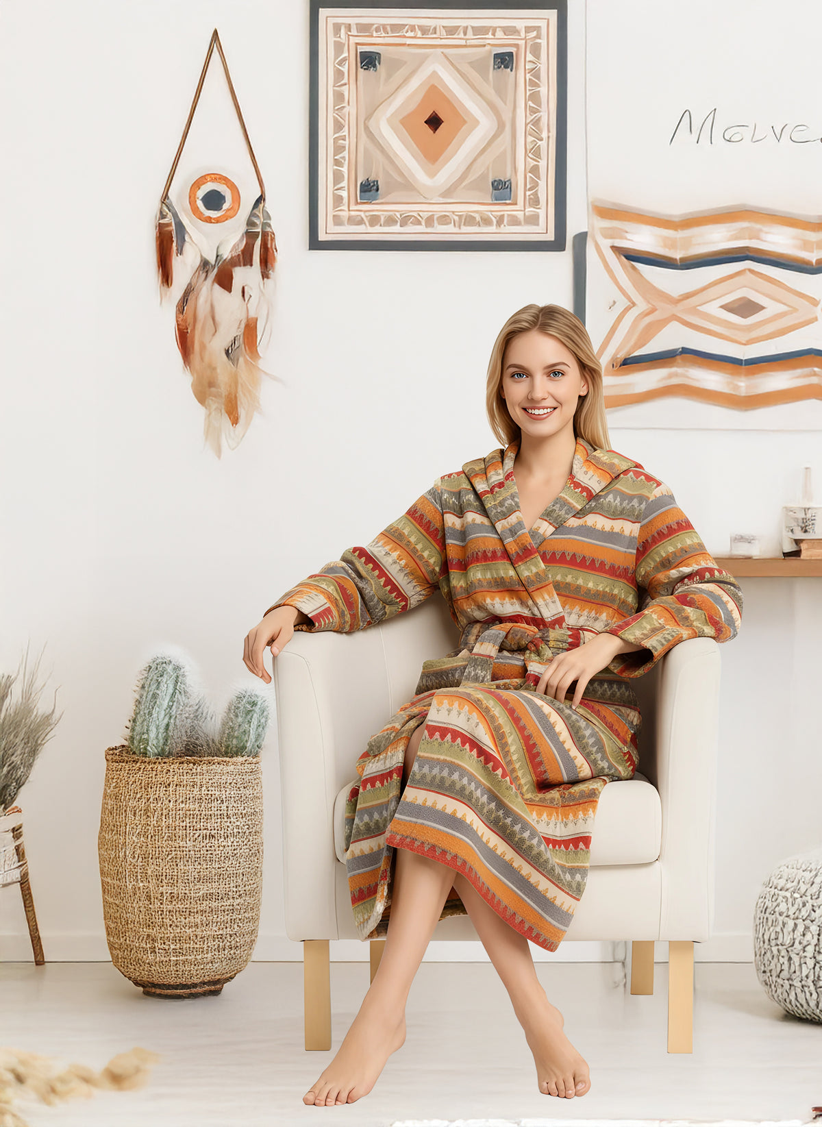 Aztec Inpsired Sunrise Plush Fleece Robe for Women, Long Hooded Bathrobe with Hood, Plus Size