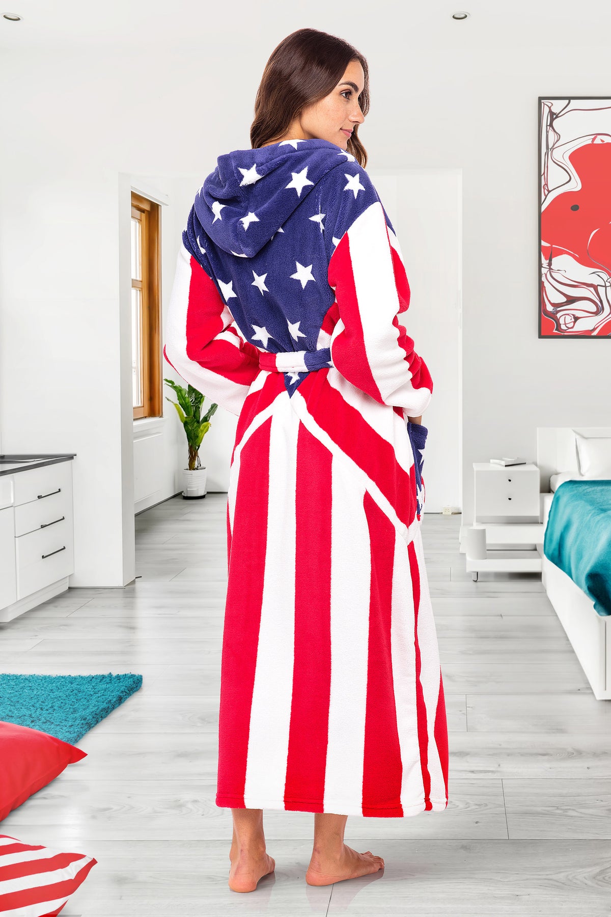 American Flag Classic Plush Fleece Robe for Women, Long Hooded Bathrobe with Hood, Plus Size
