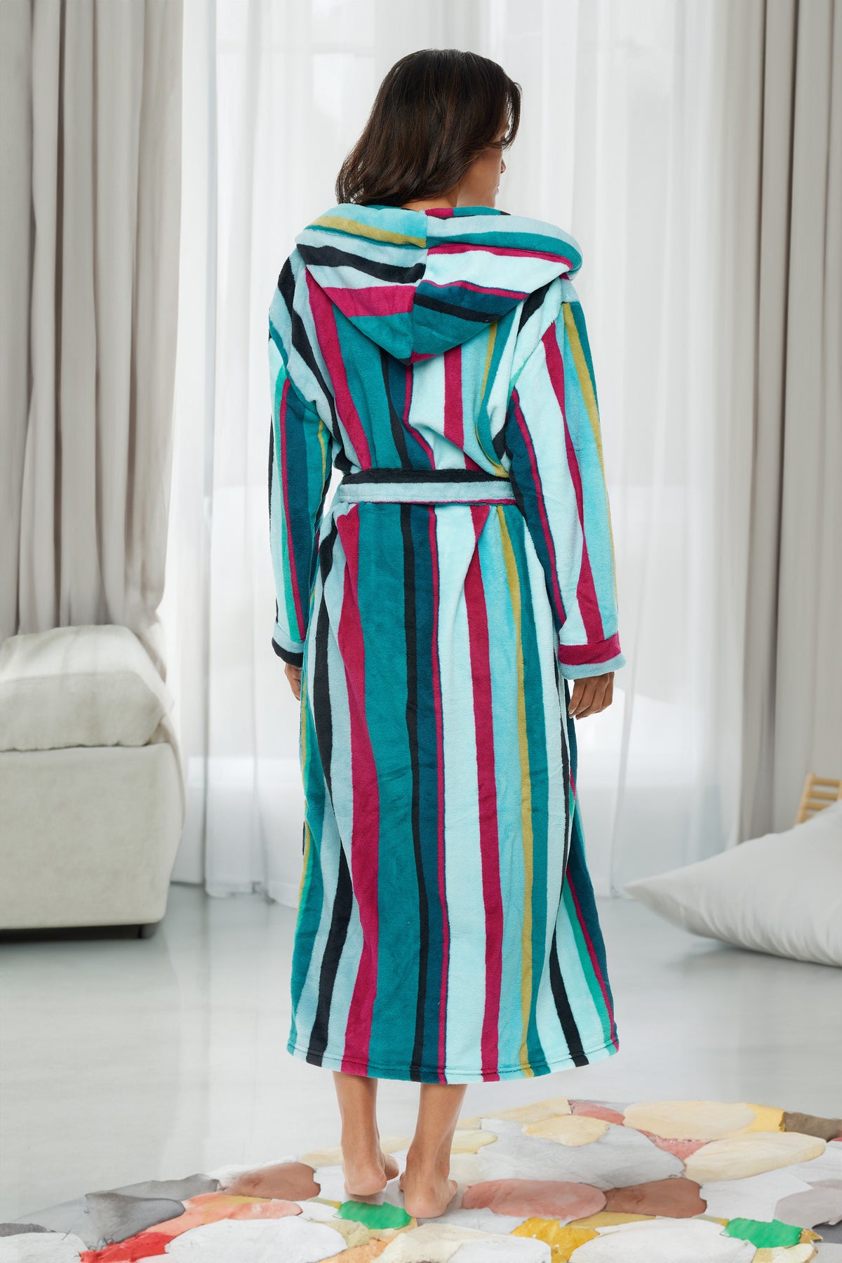 Aqua and Magenta Striped Plush Fleece Robe for Women, Long Hooded Bathrobe with Hood, Plus Size