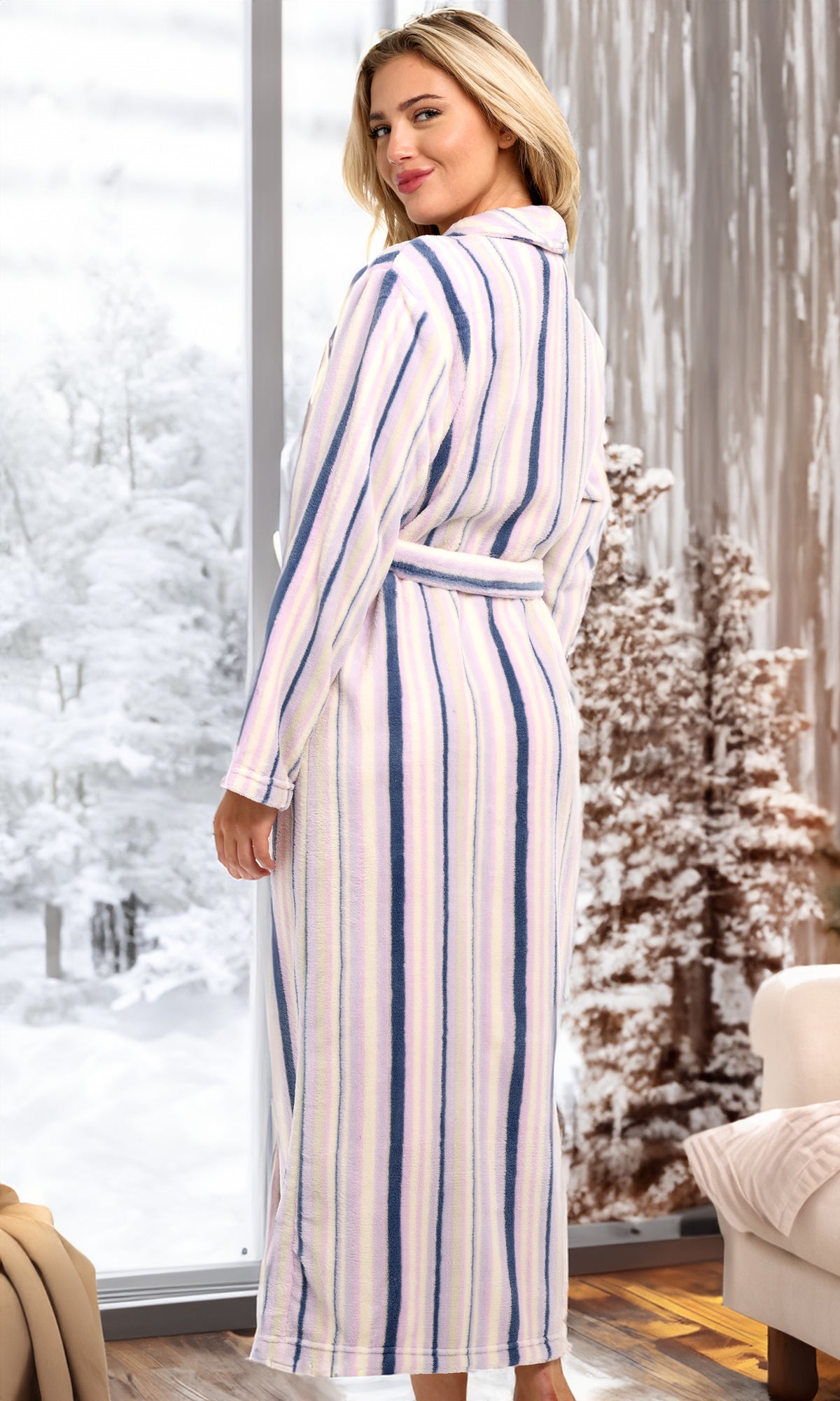 Striped Lavender Plush Striped Robe for Women, Long Fleece Plaid Winter Bath Robe, Plus Size