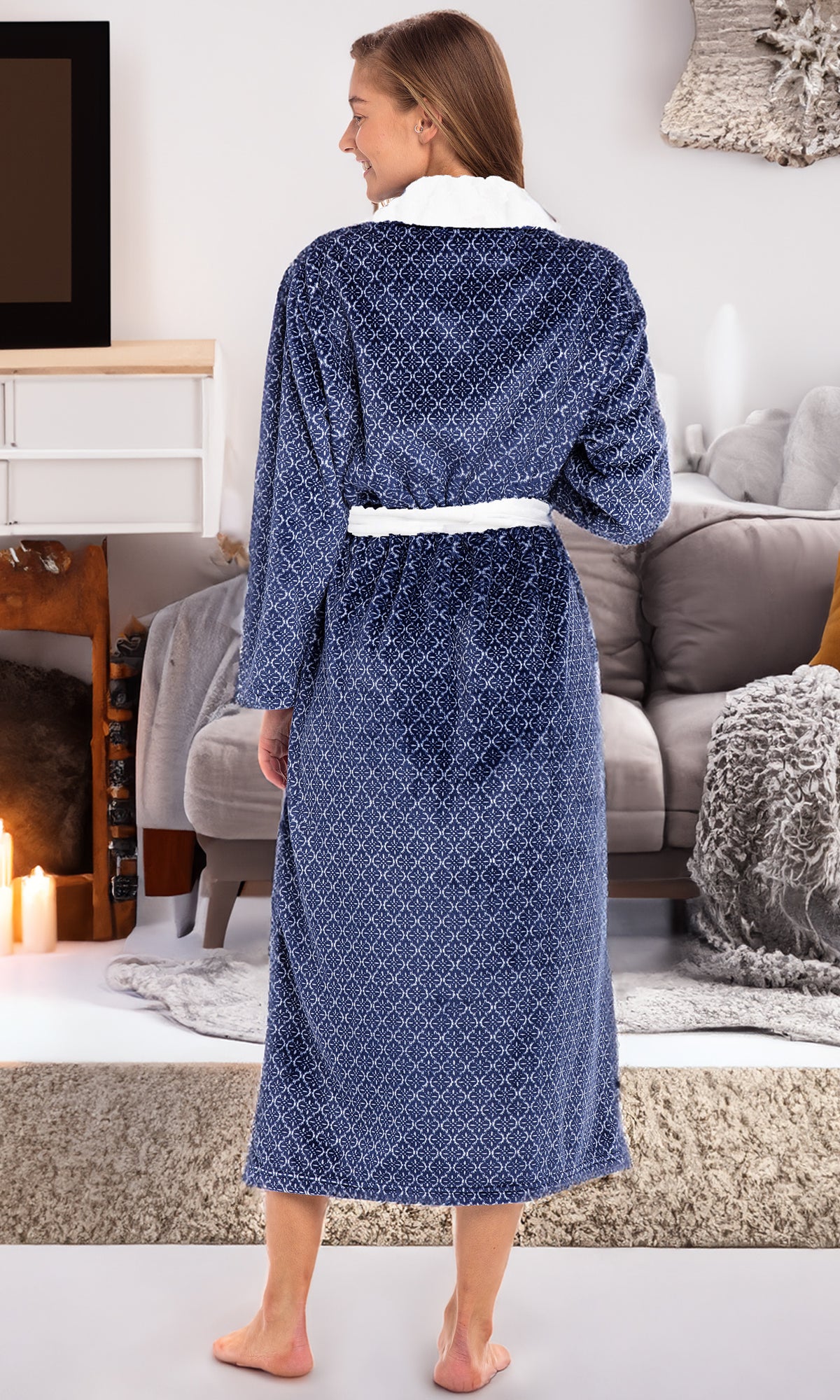 Moroccan Trellis Plush Striped Robe for Women, Long Fleece Plaid Winter Bath Robe, Plus Size