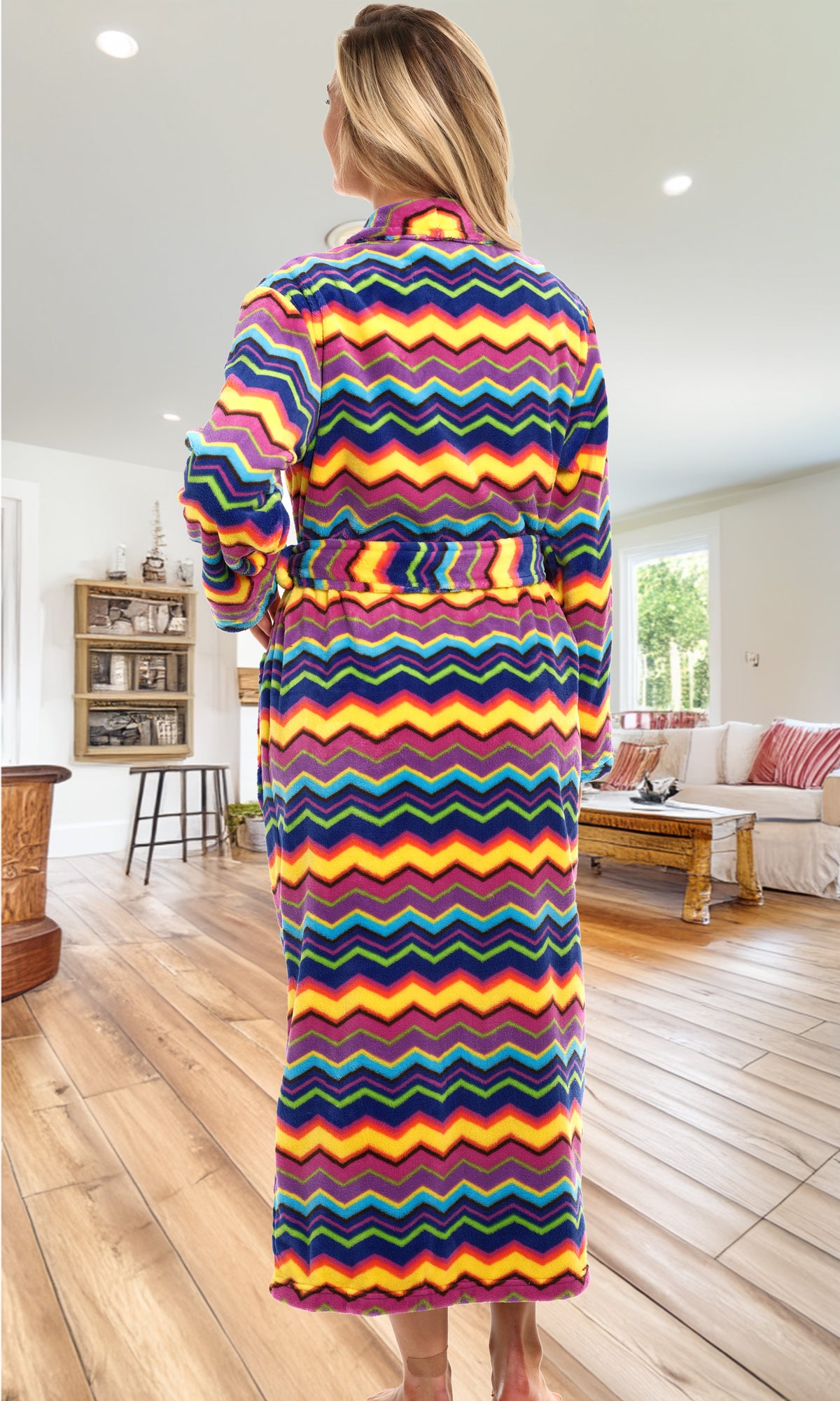 Psychedelic Chevron Fusion Plush Striped Robe for Women, Long Fleece Plaid Winter Bath Robe, Plus Size