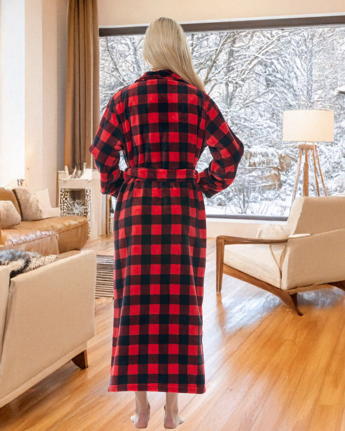 Red Black Buffalo Check Plaid Plush Striped Robe for Women, Long Fleece Plaid Winter Bath Robe, Plus Size