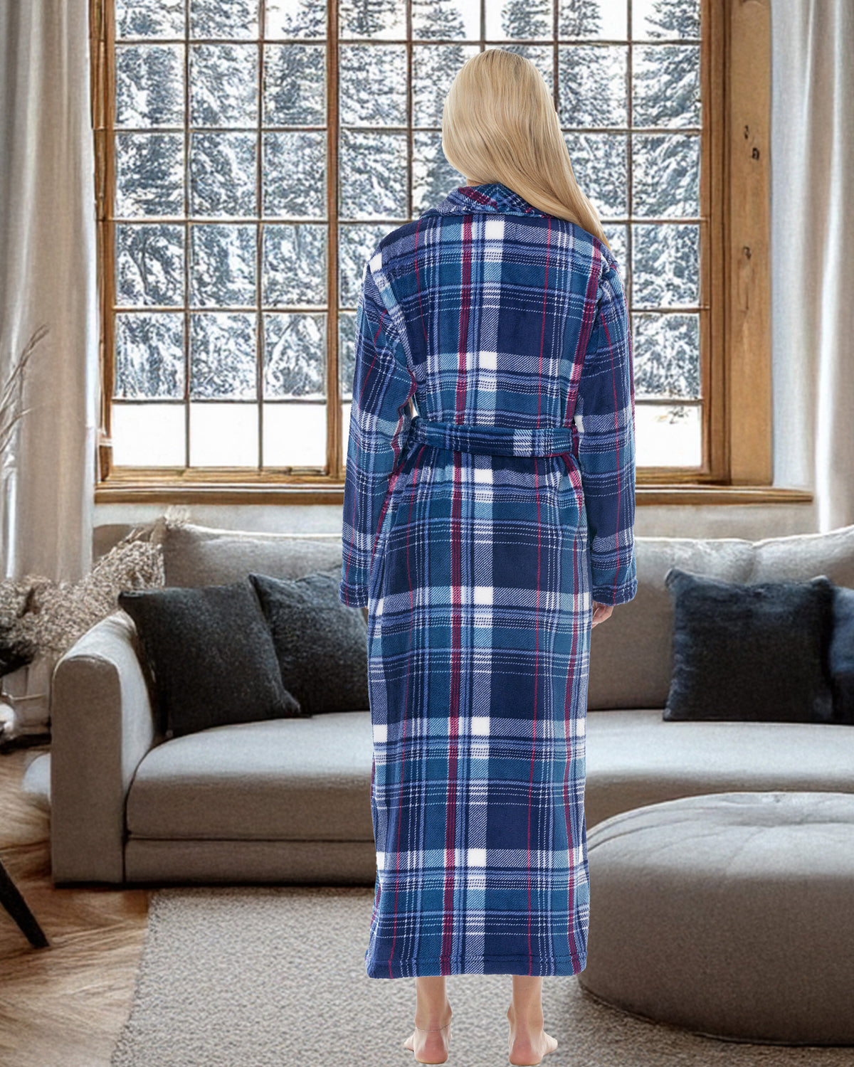 Purple Tartan Plaid Plush Striped Robe for Women, Long Fleece Plaid Winter Bath Robe, Plus Size