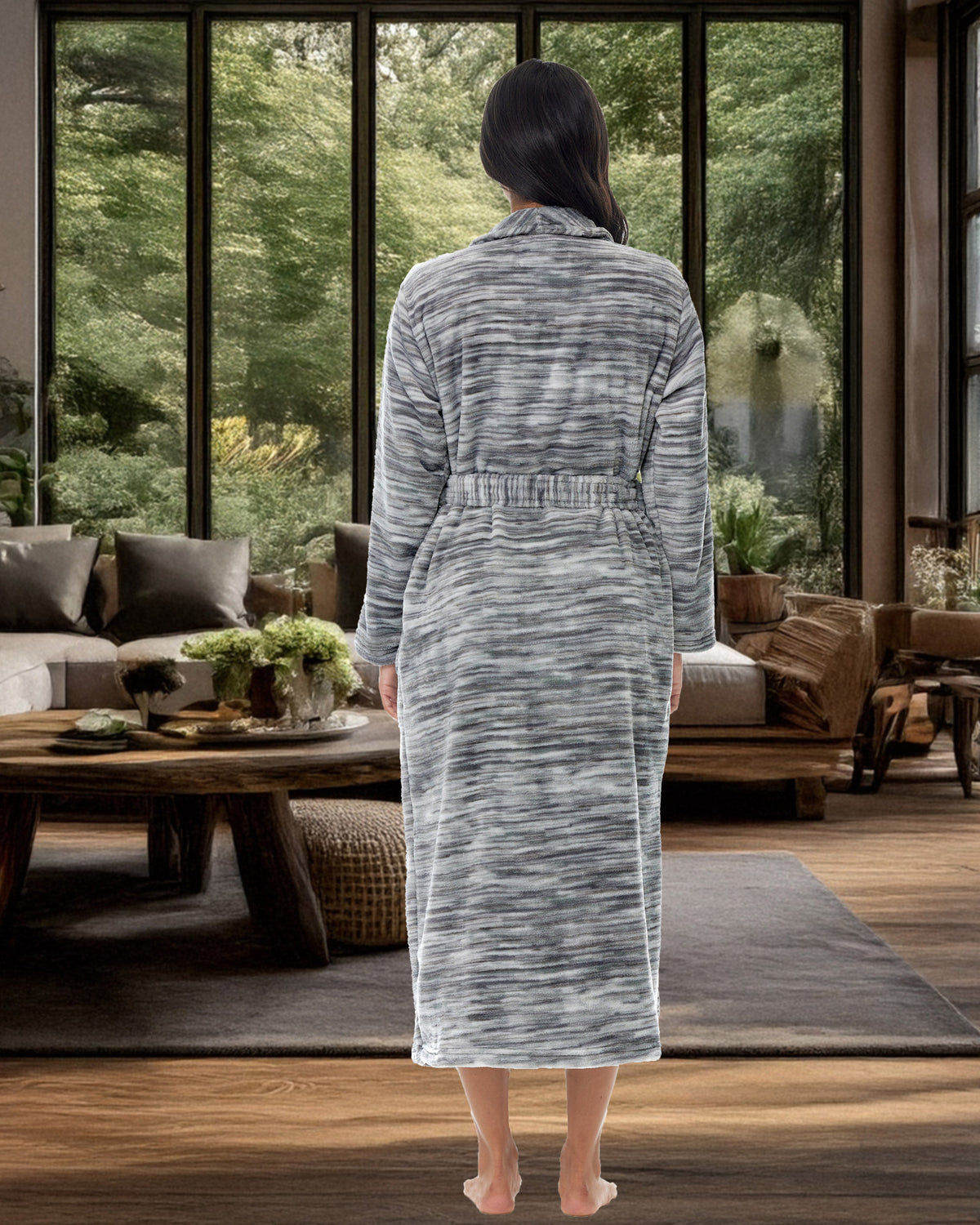 Light Heathered Gray Plush Striped Robe for Women, Long Fleece Plaid Winter Bath Robe, Plus Size