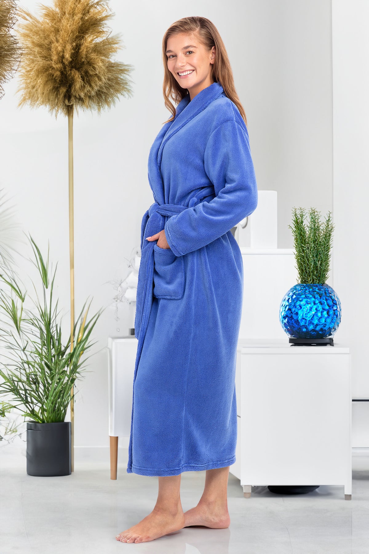 Sky Blue Plush Striped Robe for Women, Long Fleece Plaid Winter Bath Robe, Plus Size