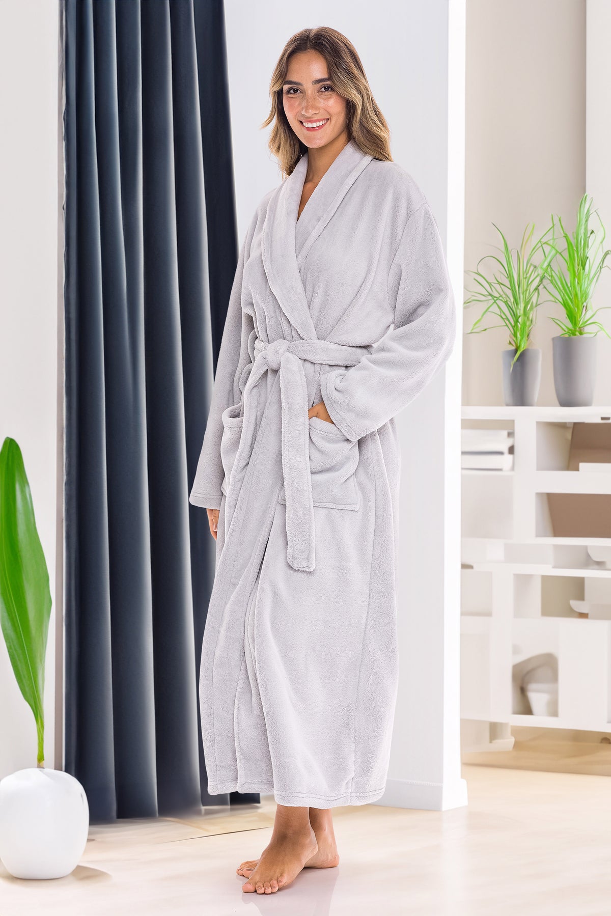 Light Gray Plush Striped Robe for Women, Long Fleece Plaid Winter Bath Robe, Plus Size