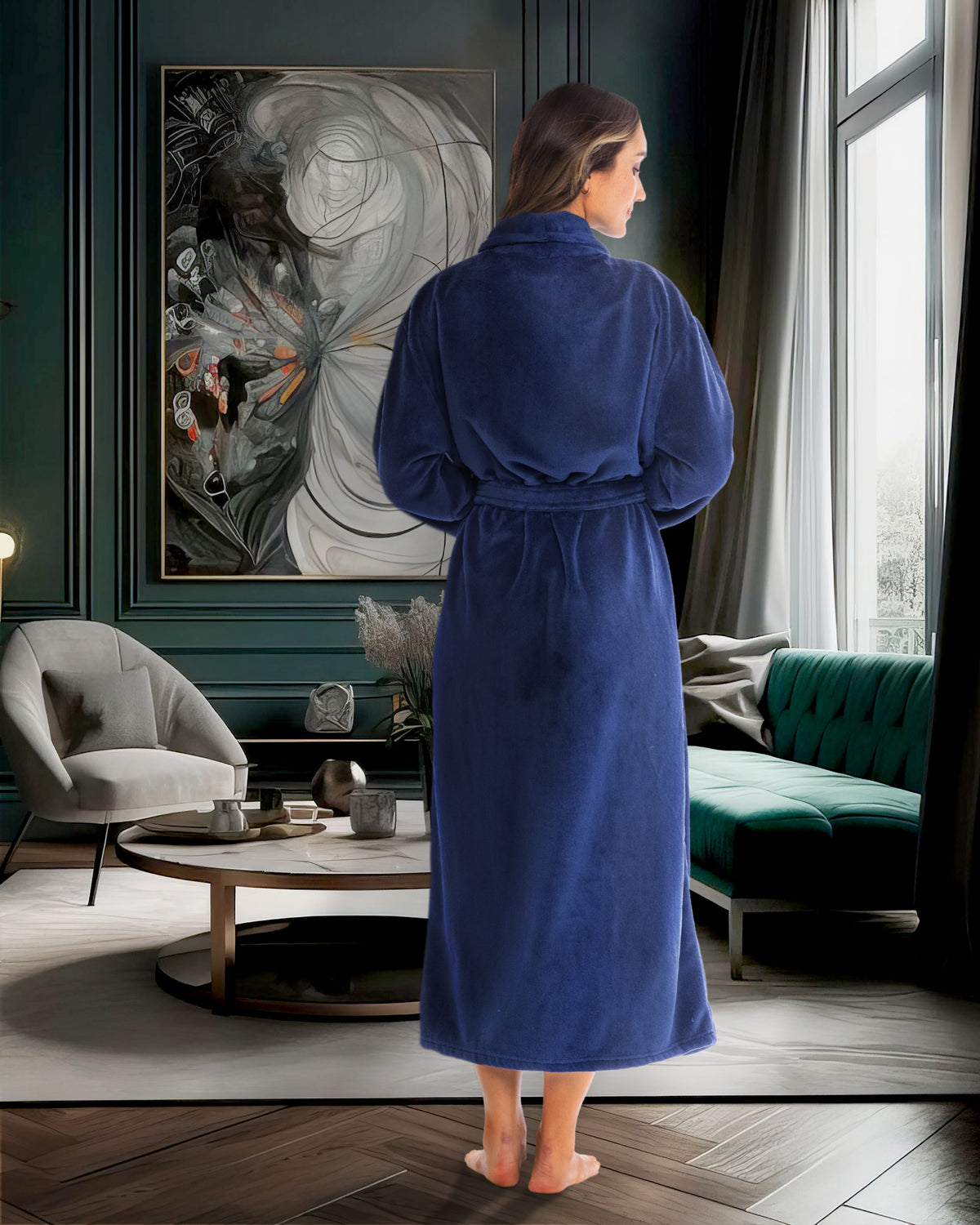 Navy Blue Plush Striped Robe for Women, Long Fleece Plaid Winter Bath Robe, Plus Size