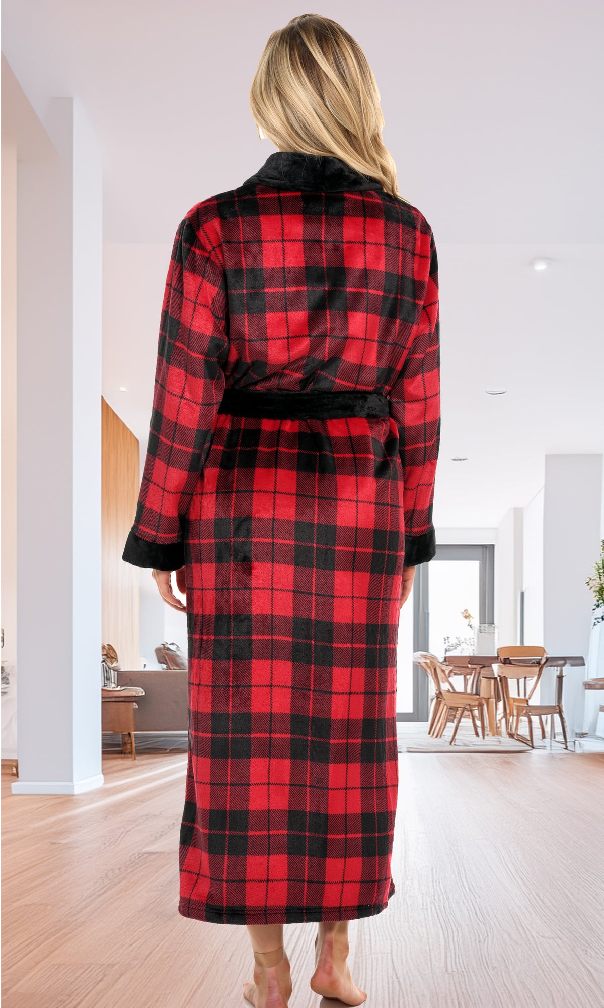 Red Black Plaid Plush Striped Robe for Women, Long Fleece Plaid Winter Bath Robe, Plus Size
