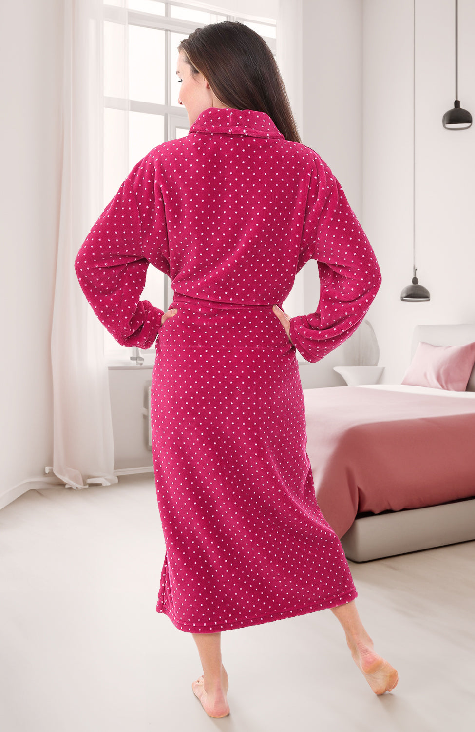 Vibrant Magenta Polka Dot Plush Striped Robe for Women, Long Fleece Plaid Winter Bath Robe, Plus Size