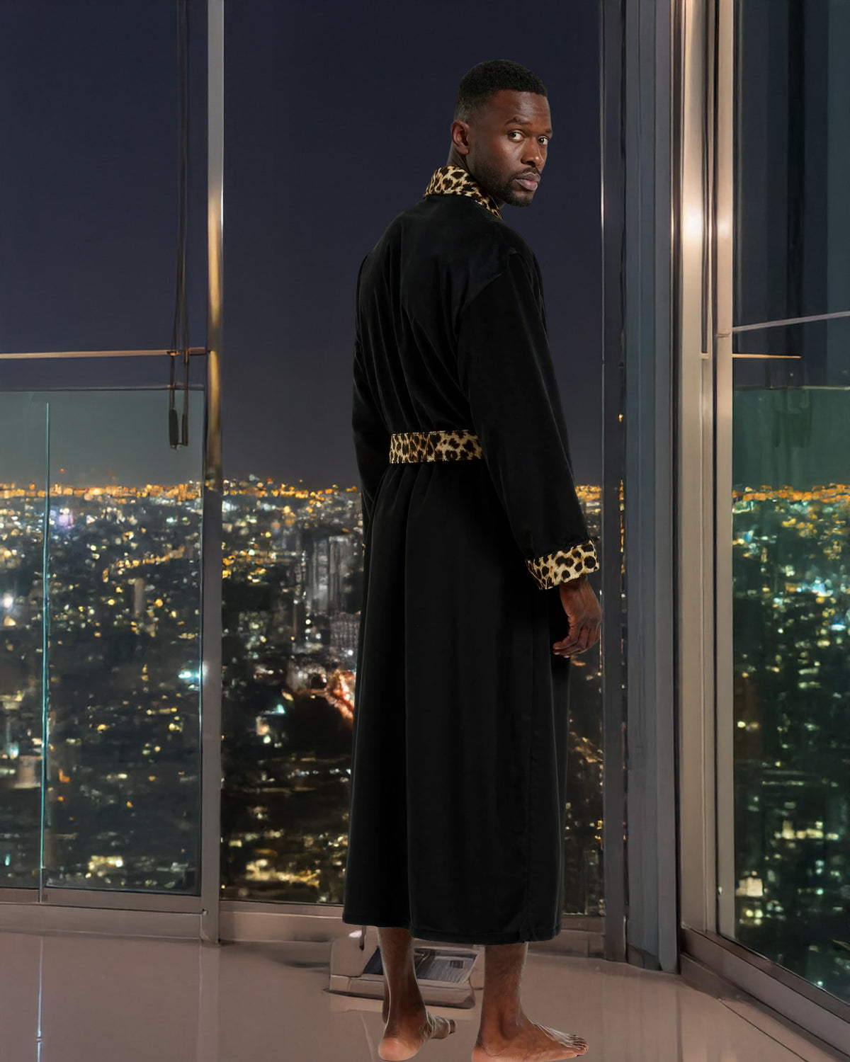 Mens Leopard Print Accent Kimono Robe, Japanese Robe for Men