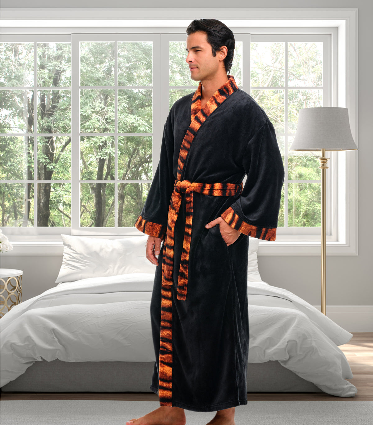 Mens Tiger Print Accent Kimono Robe, Japanese Robe for Men
