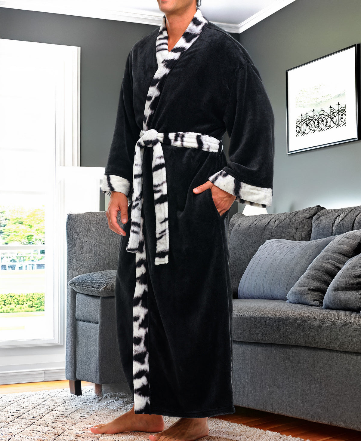 Mens White Tiger Print Accent Kimono Robe, Japanese Robe for Men