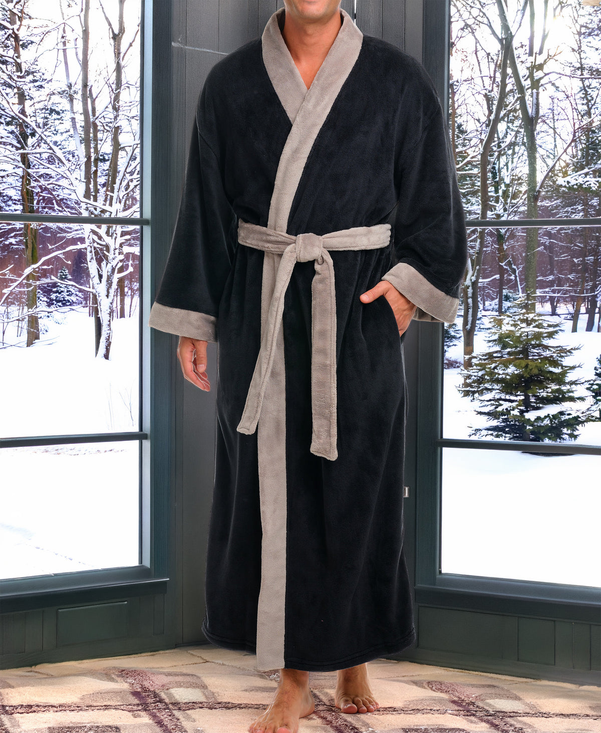 Mens Black with Beige Kimono Robe, Japanese Robe for Men