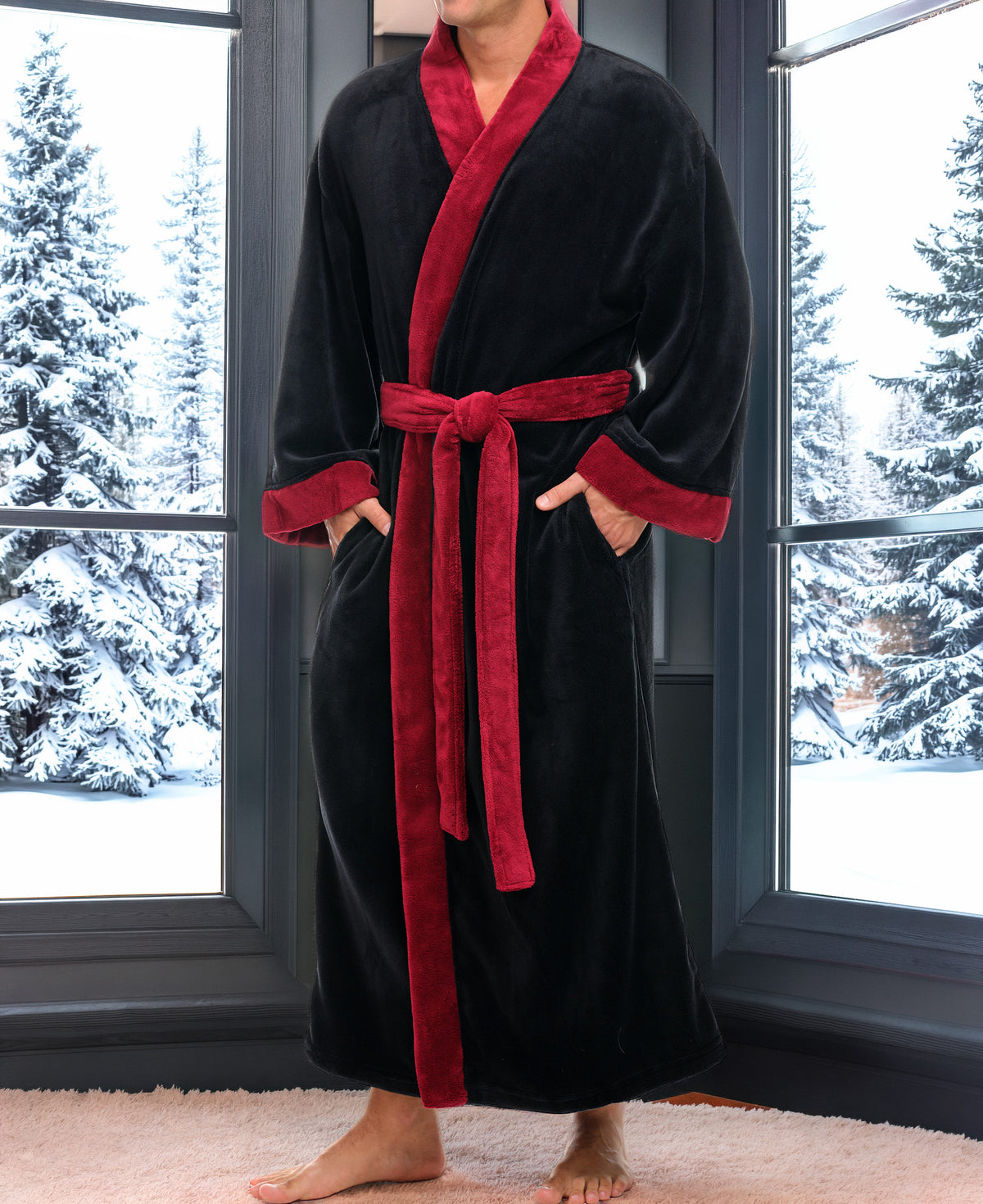 Mens Black with Burgundy Kimono Robe, Japanese Robe for Men