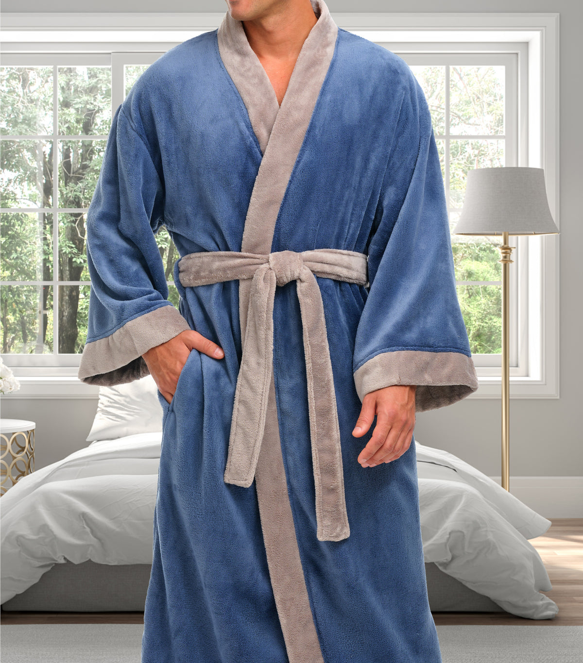 Mens Faded Blue & Sand Kimono Robe, Japanese Robe for Men