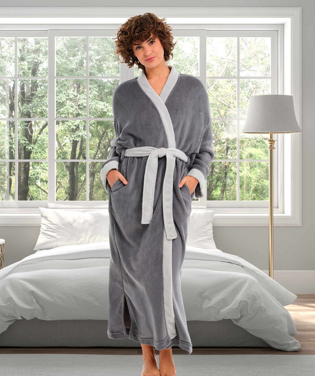 Womens Steel Gray with Light Gray Kimono Robe, Robe for Women