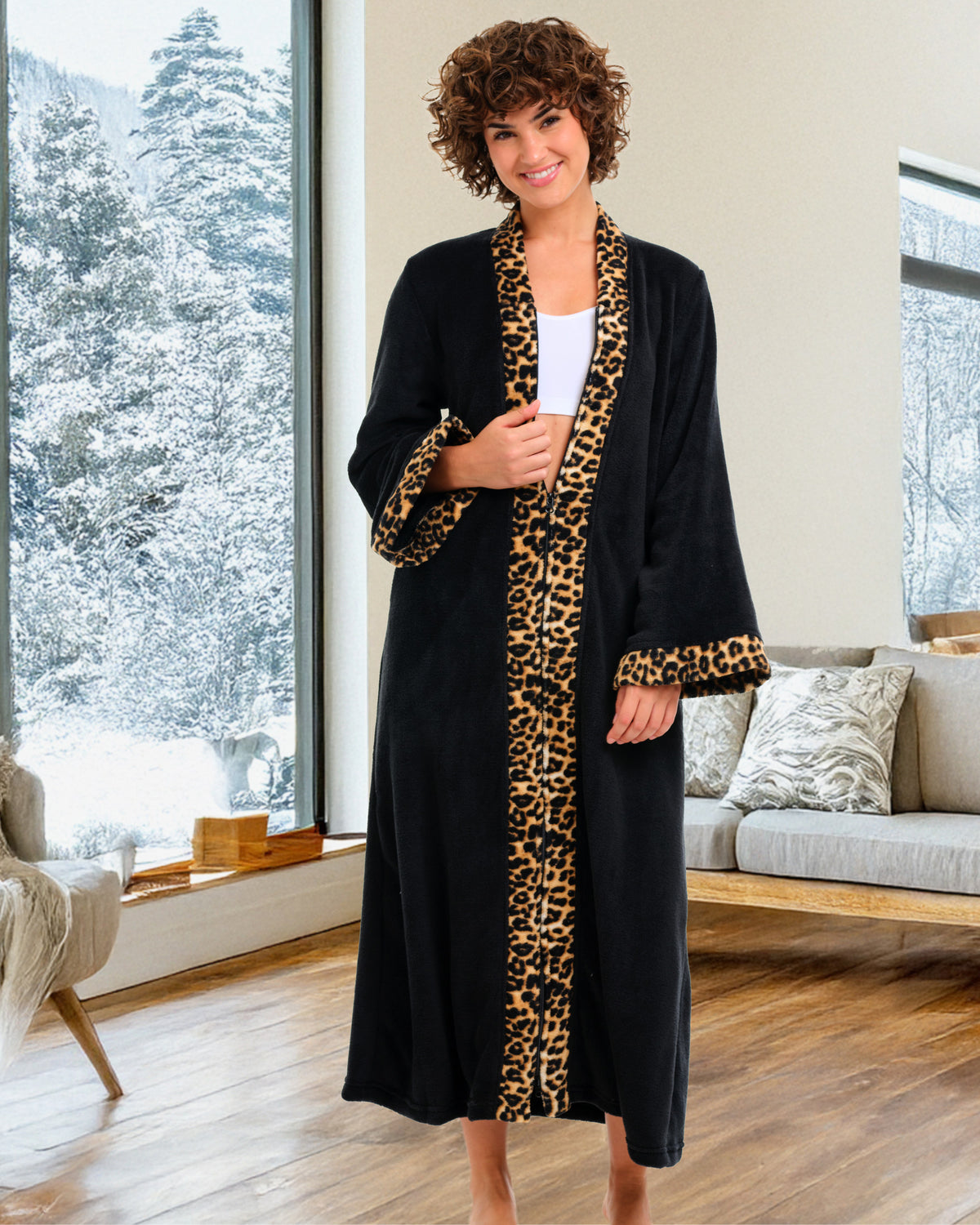 Womens Black with Leopard Print Accents Zip Up Kimono Robe, Japanese Robe for Women