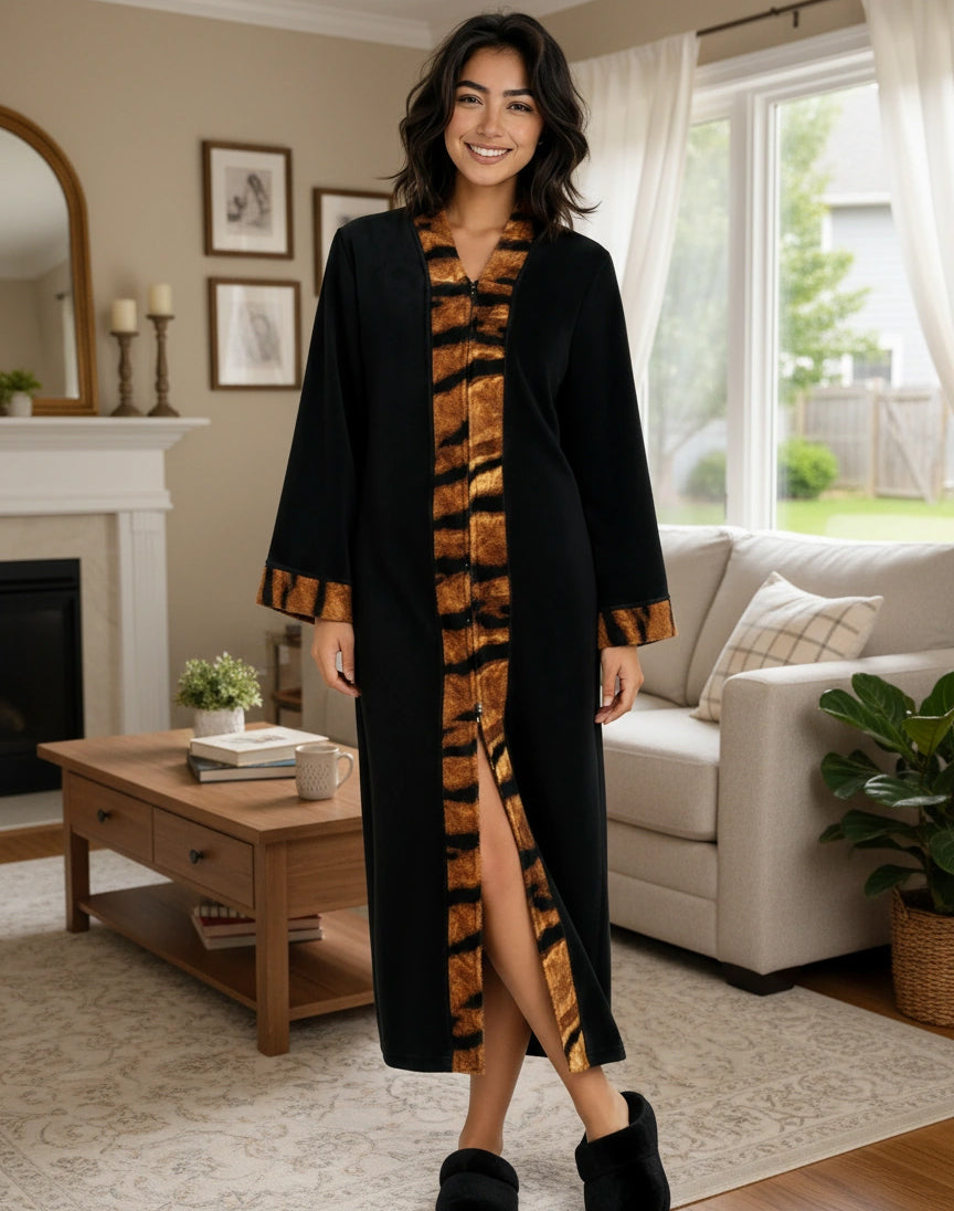 Womens Black with Tiger Print Accents Zip Up Kimono Robe, Japanese Robe for Women