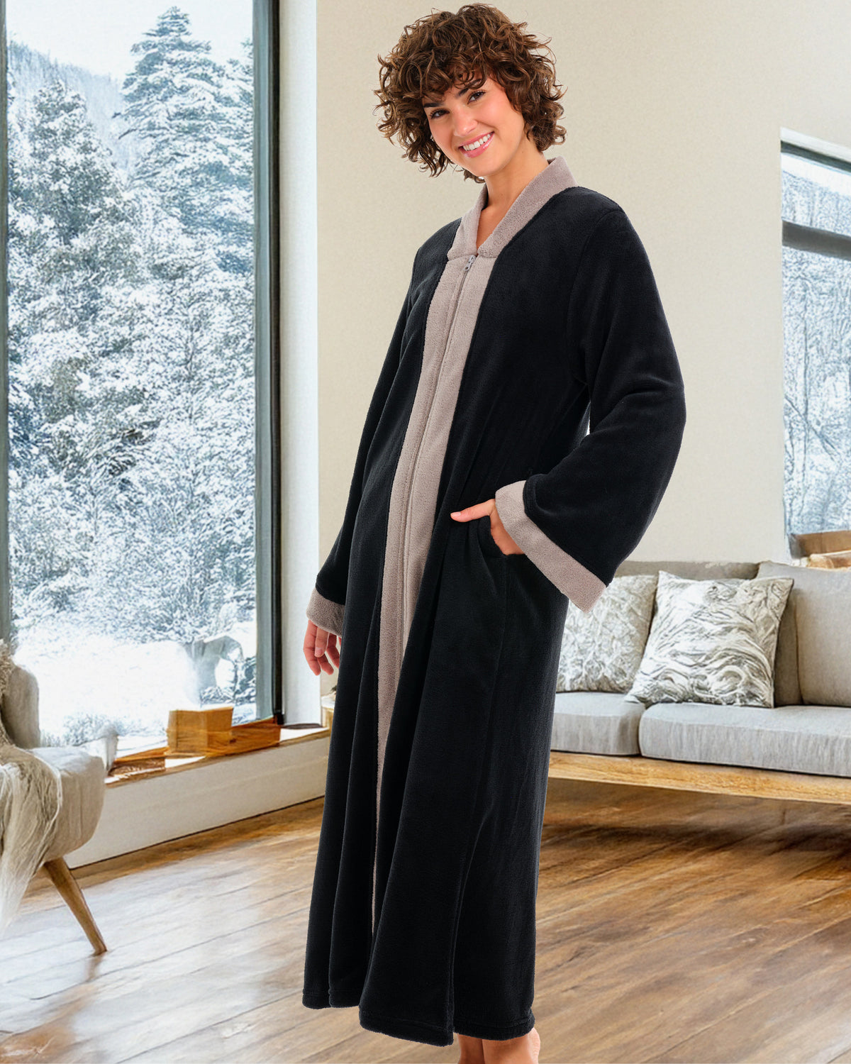 Womens Black with Sandstone Zip Up Kimono Robe, Japanese Robe for Women