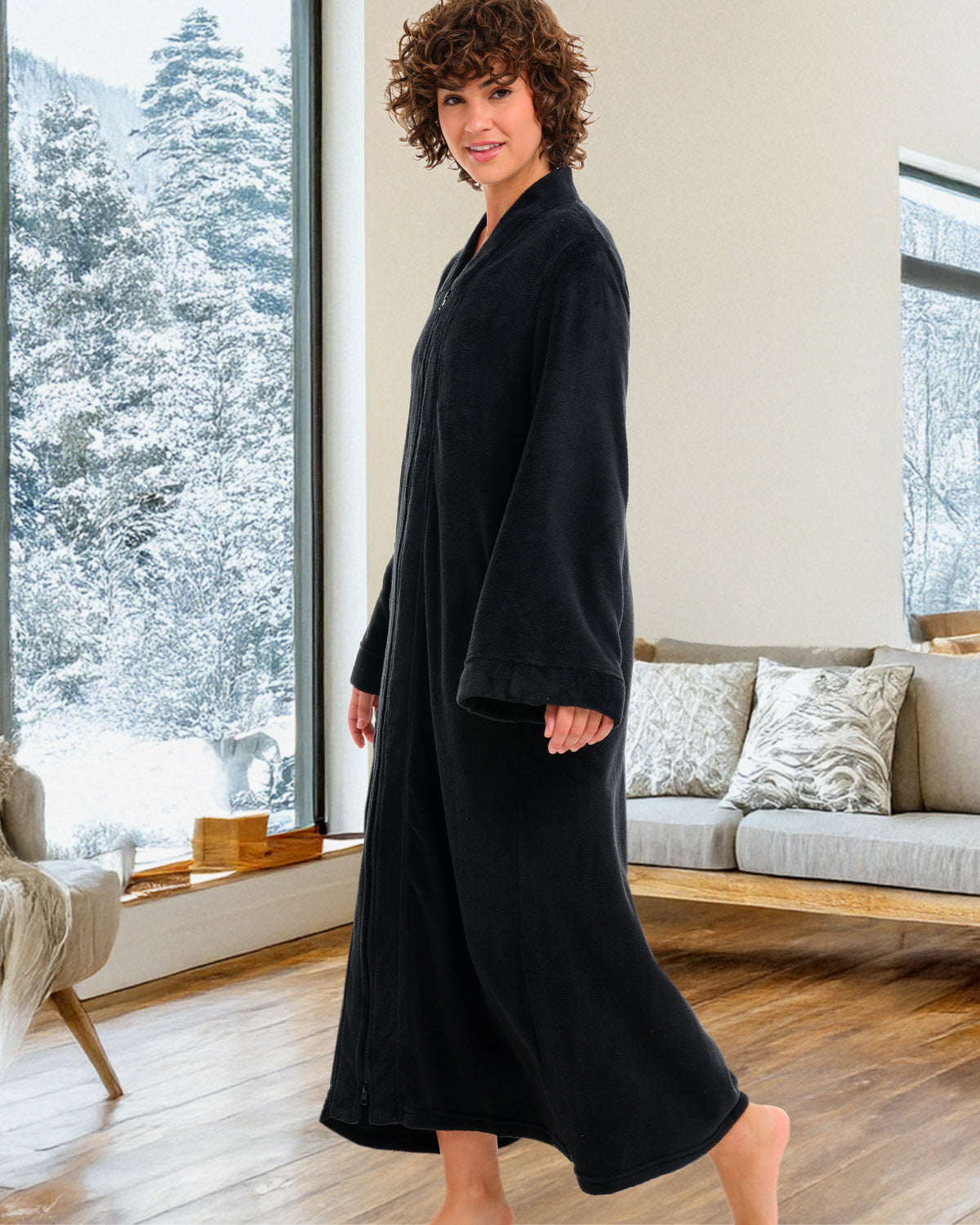 Womens Black Zip Up Kimono Robe, Japanese Robe for Women
