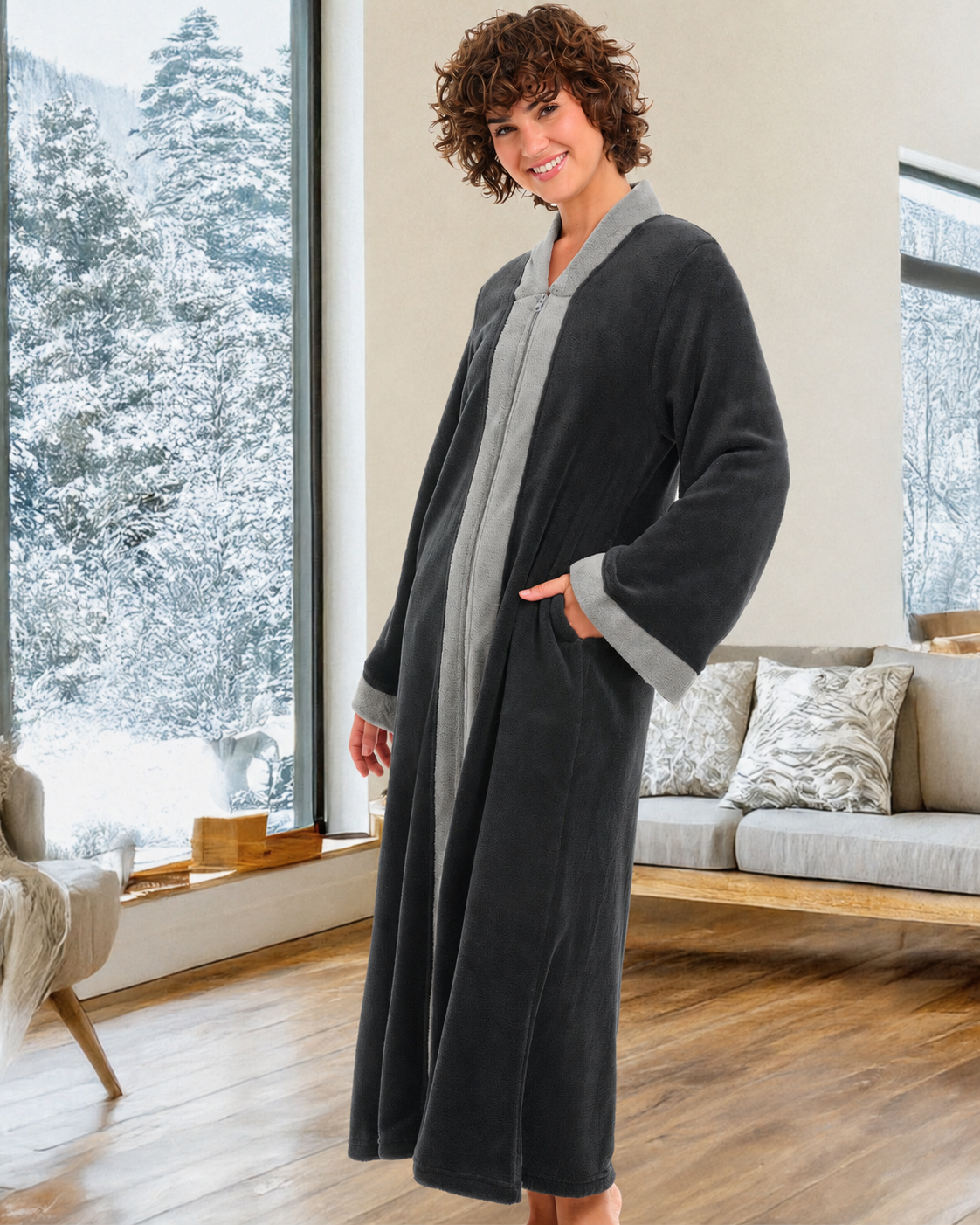 Womens Graphite Gray with Steel Gray Zip Up Kimono Robe, Japanese Robe for Women