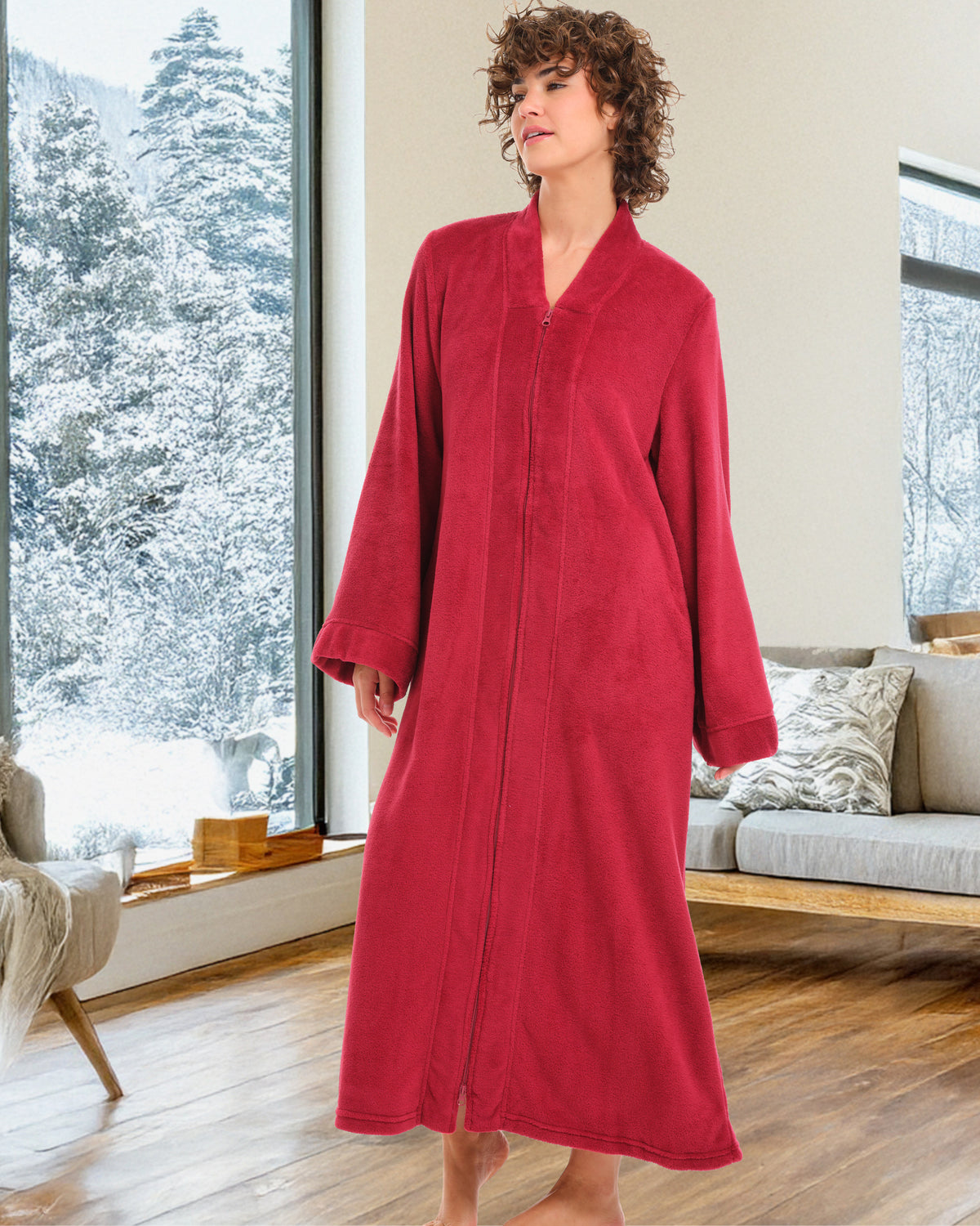 Womens Muted Burgundy Zip Up Kimono Robe, Japanese Robe for Women