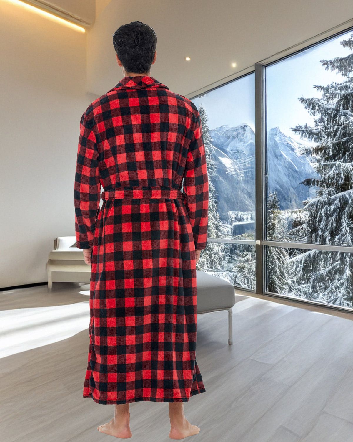Men's Red Black Buffalo Check Plaid Ultra Plush Fleece Robe, Big and Tall Winter Bathrobe