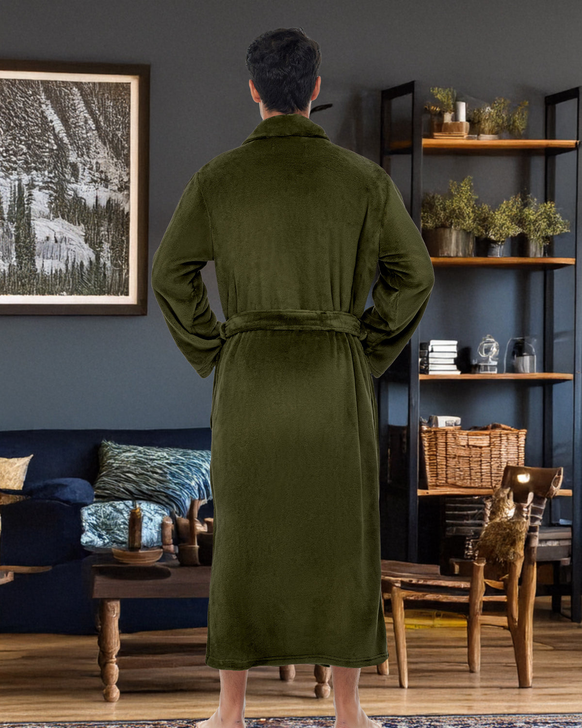 Men's Army Green Ultra Plush Fleece Robe, Big and Tall Winter Bathrobe