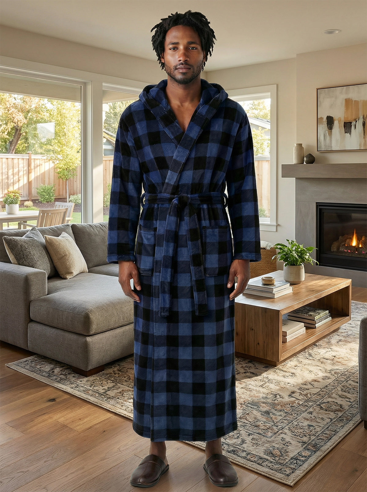 Men's Blue Buffalo Check Plaid Plush Fleece Hooded Bathrobe, Full Length Long Warm Lounge Robe with Hood