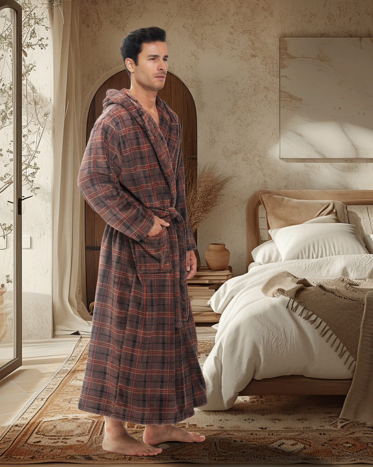 Men's Espresso Plaid Plush Fleece Hooded Bathrobe, Full Length Long Warm Lounge Robe with Hood