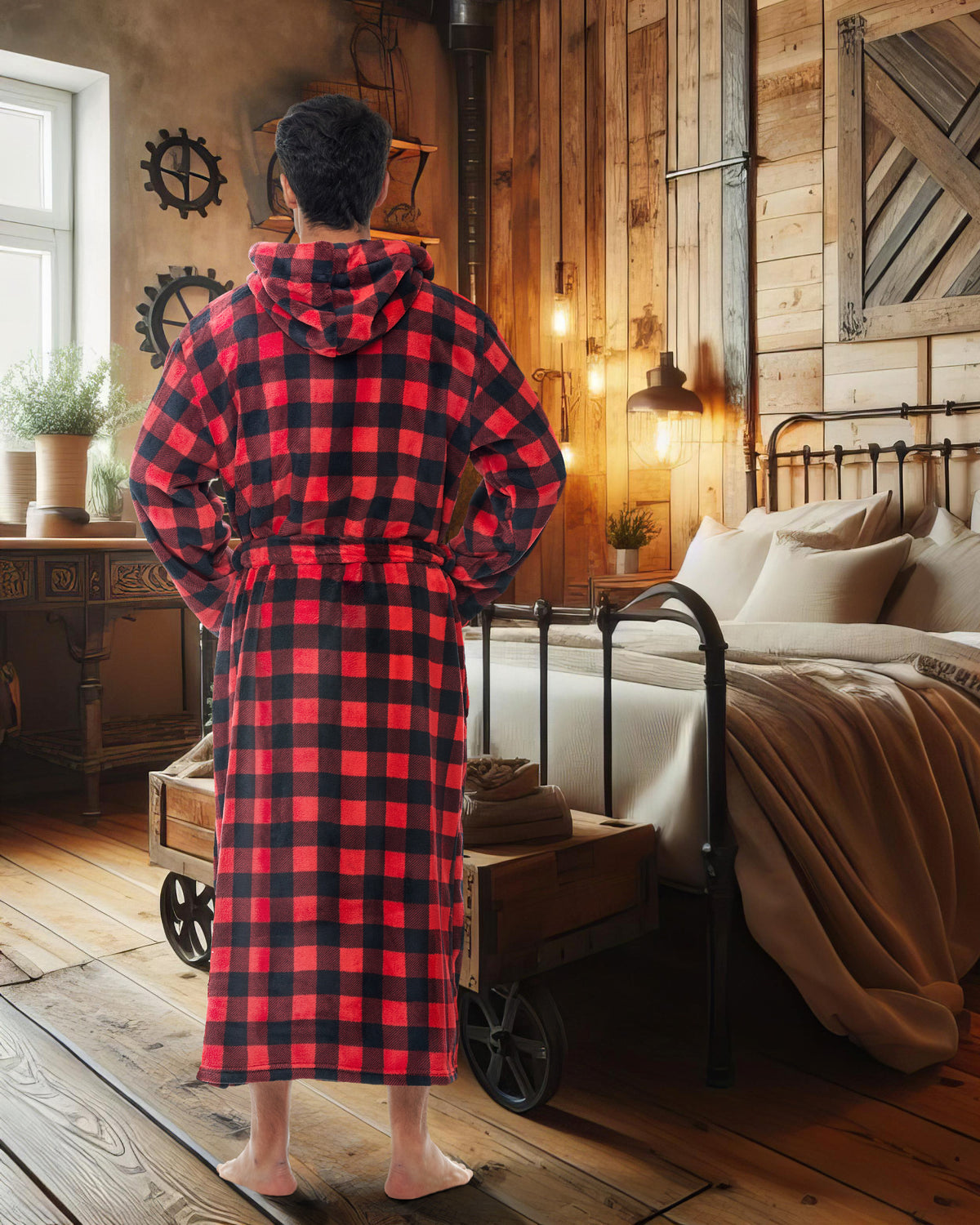 Men's Red Black Buffalo Check Plaid Plush Fleece Hooded Bathrobe, Full Length Long Warm Lounge Robe with Hood