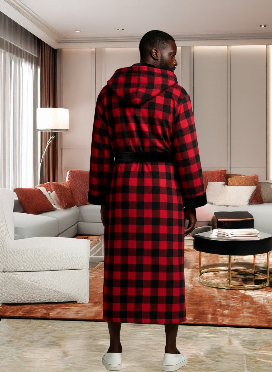 Men's Red Black Buffalo Check Plaid with Black Plush Fleece Hooded Bathrobe, Full Length Long Warm Lounge Robe with Hood