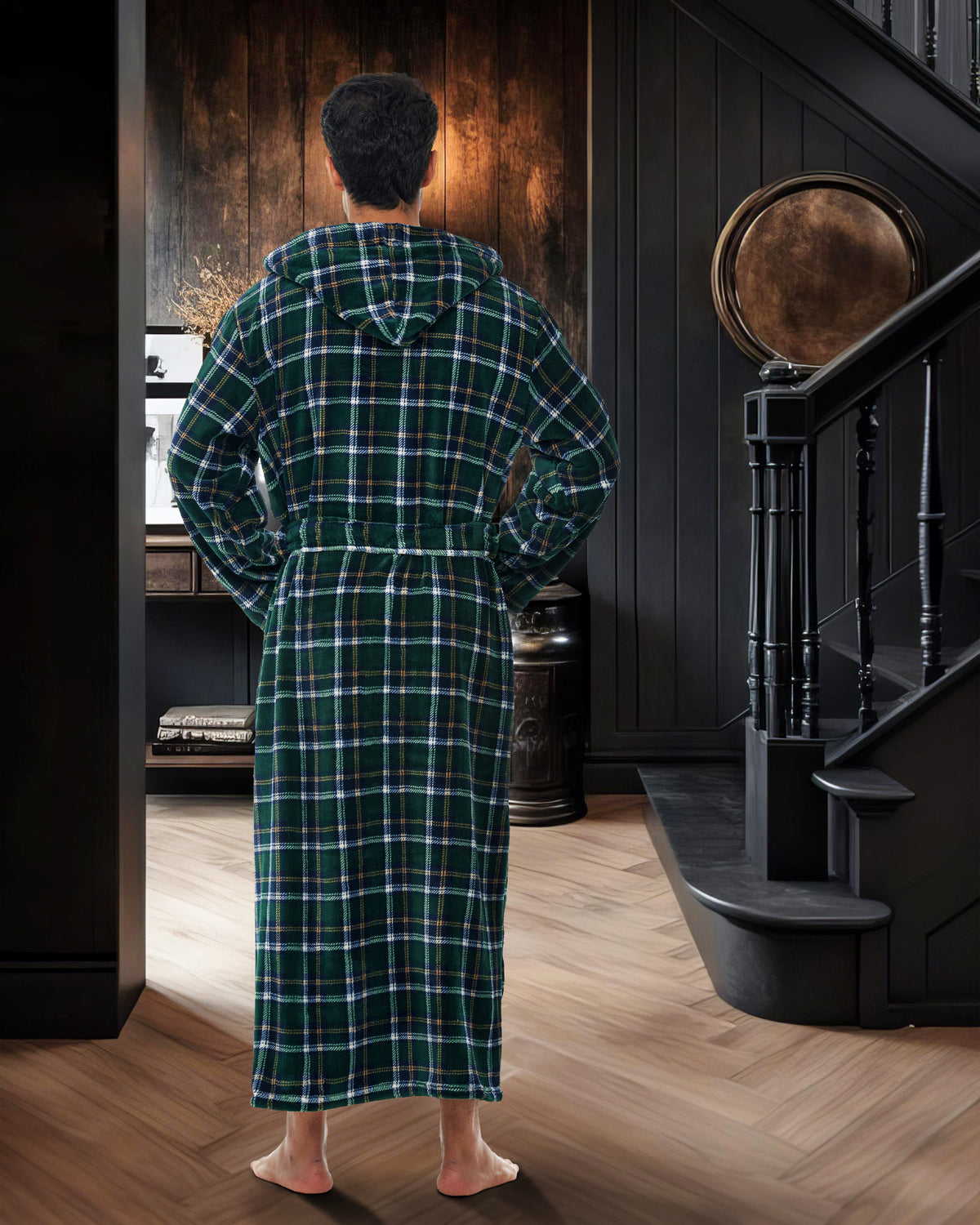Men's Hunter Green Plaid Plush Fleece Hooded Bathrobe, Full Length Long Warm Lounge Robe with Hood