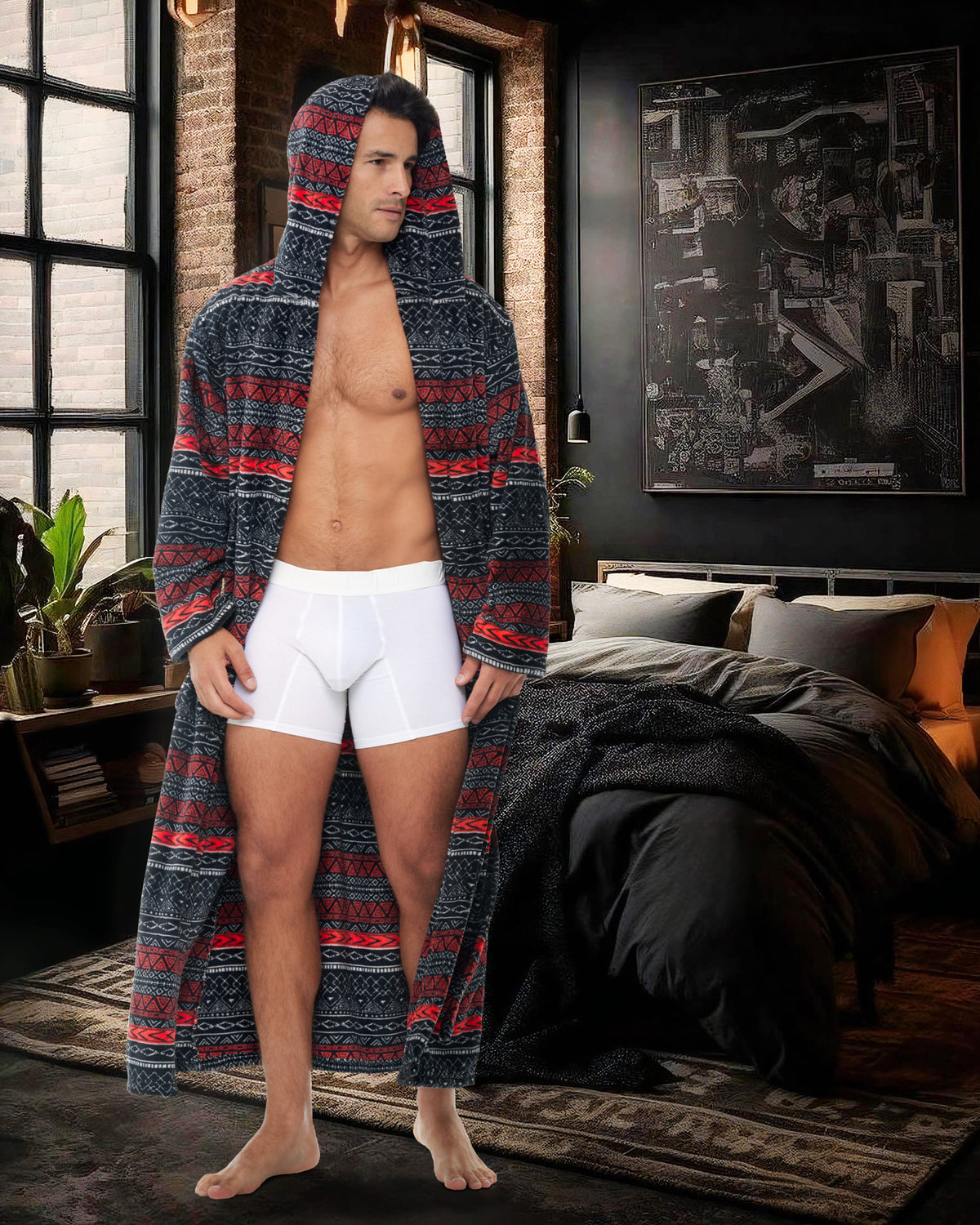 Men's Savannah Fusion Plush Fleece Hooded Bathrobe, Full Length Long Warm Lounge Robe with Hood