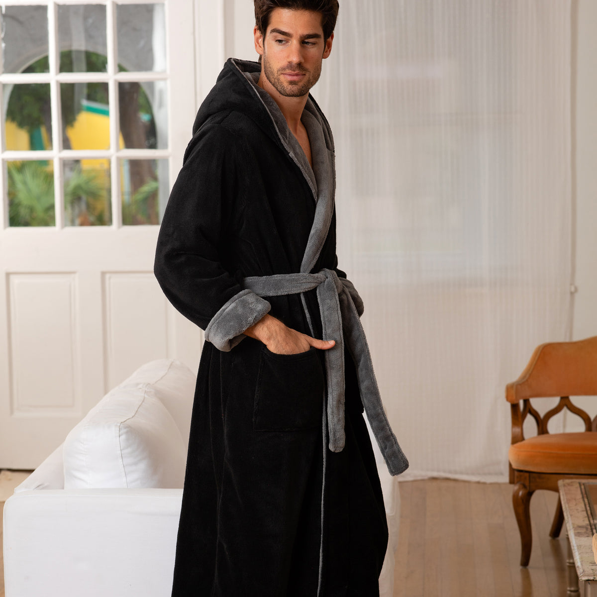 Men's Black with Gray Contrast Plush Fleece Hooded Bathrobe, Full Length Long Warm Lounge Robe with Hood