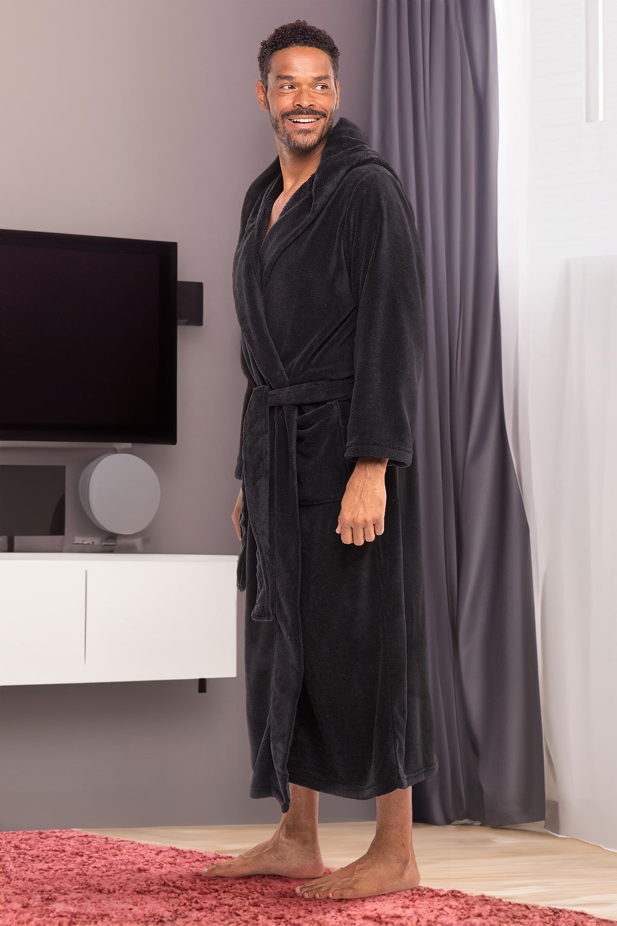 Men's Black Plush Fleece Hooded Bathrobe, Full Length Long Warm Lounge Robe with Hood
