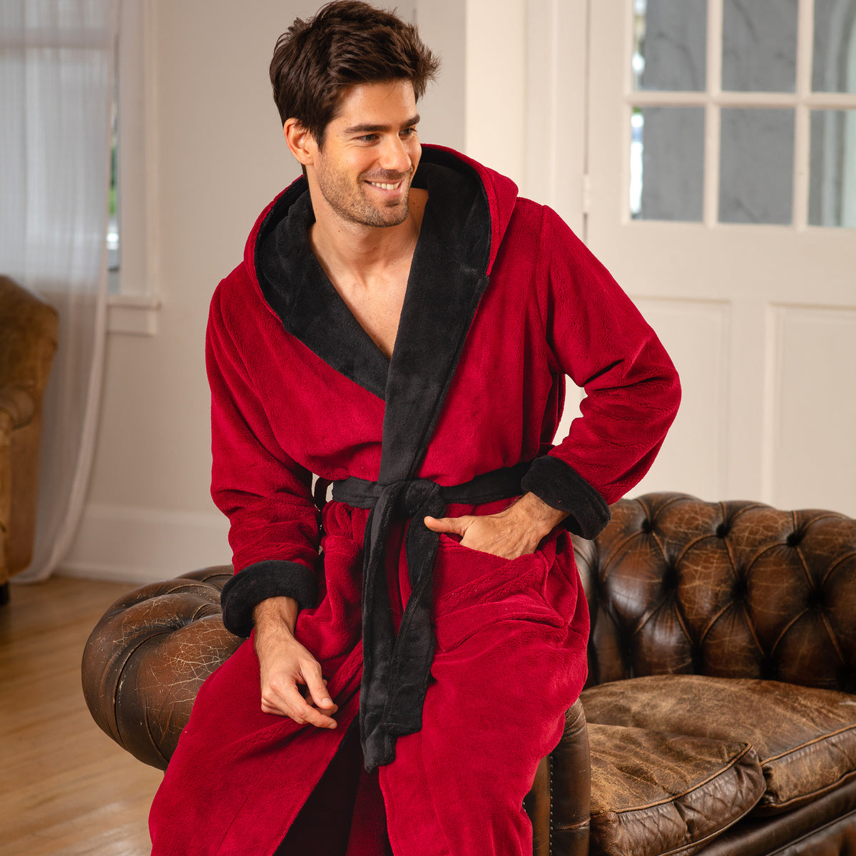 Men's Burgundy with Black Plush Fleece Hooded Bathrobe, Full Length Long Warm Lounge Robe with Hood