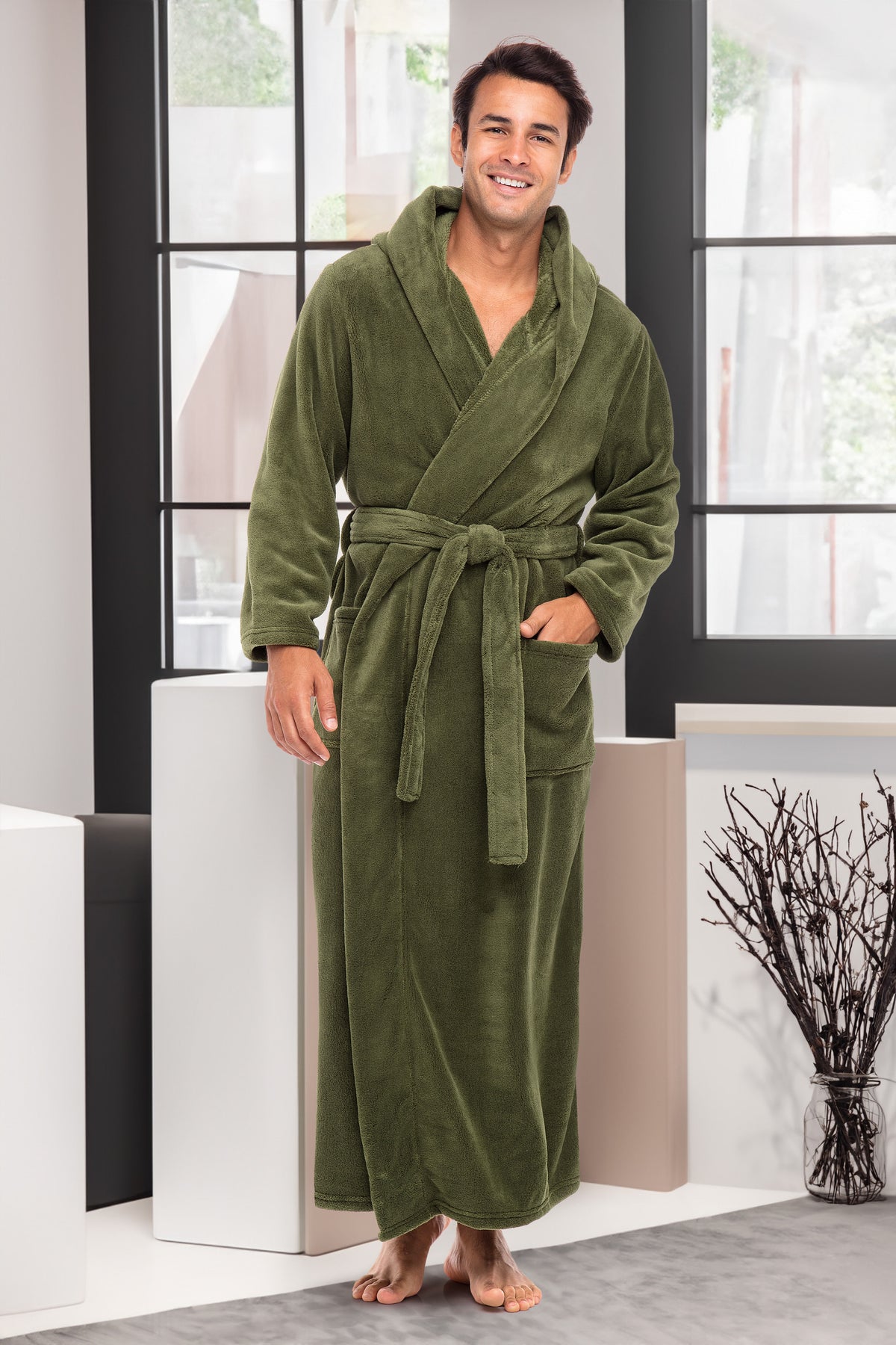 Men's Army Green Plush Fleece Hooded Bathrobe, Full Length Long Warm Lounge Robe with Hood