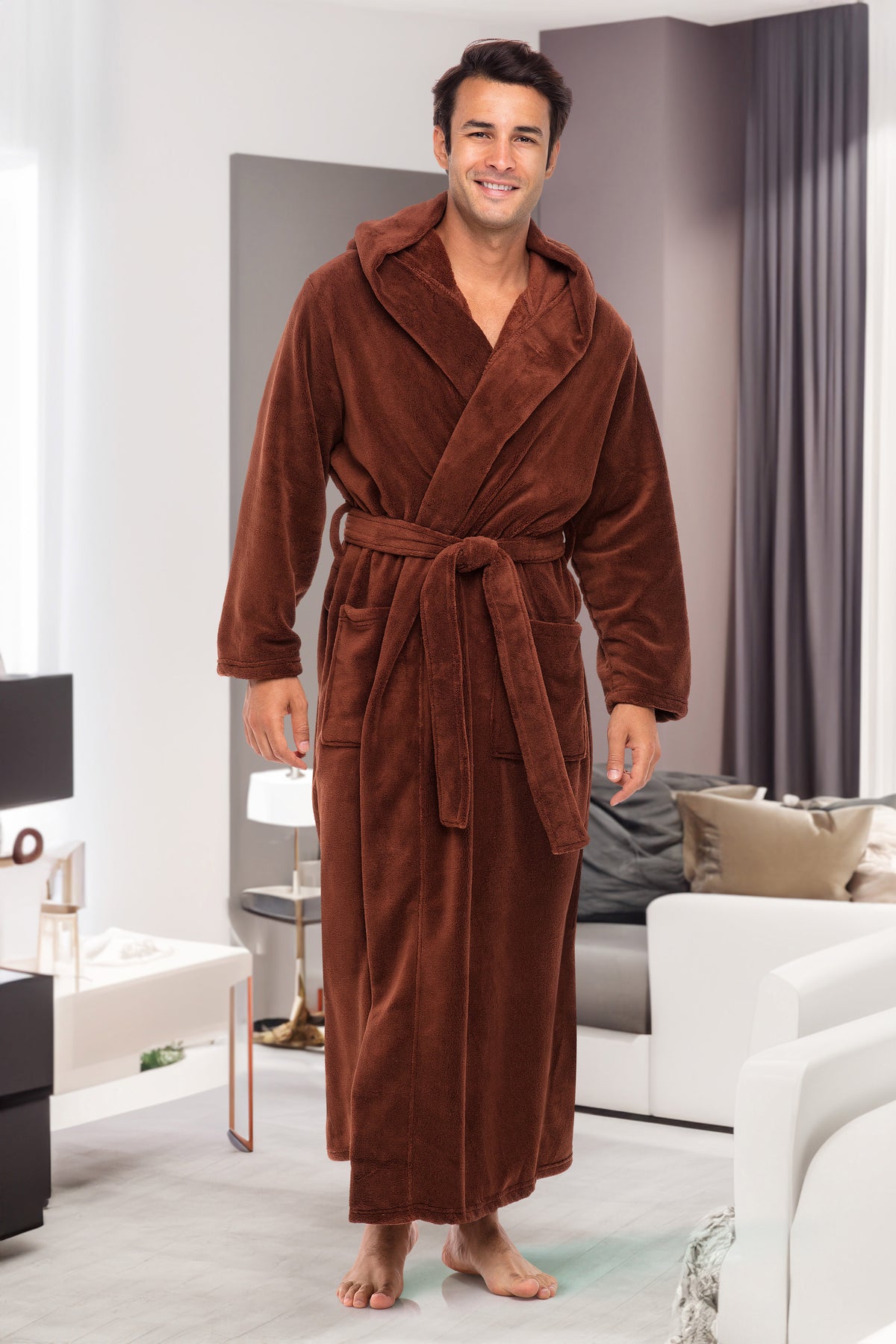 Men's Chocolate Plush Fleece Hooded Bathrobe, Full Length Long Warm Lounge Robe with Hood