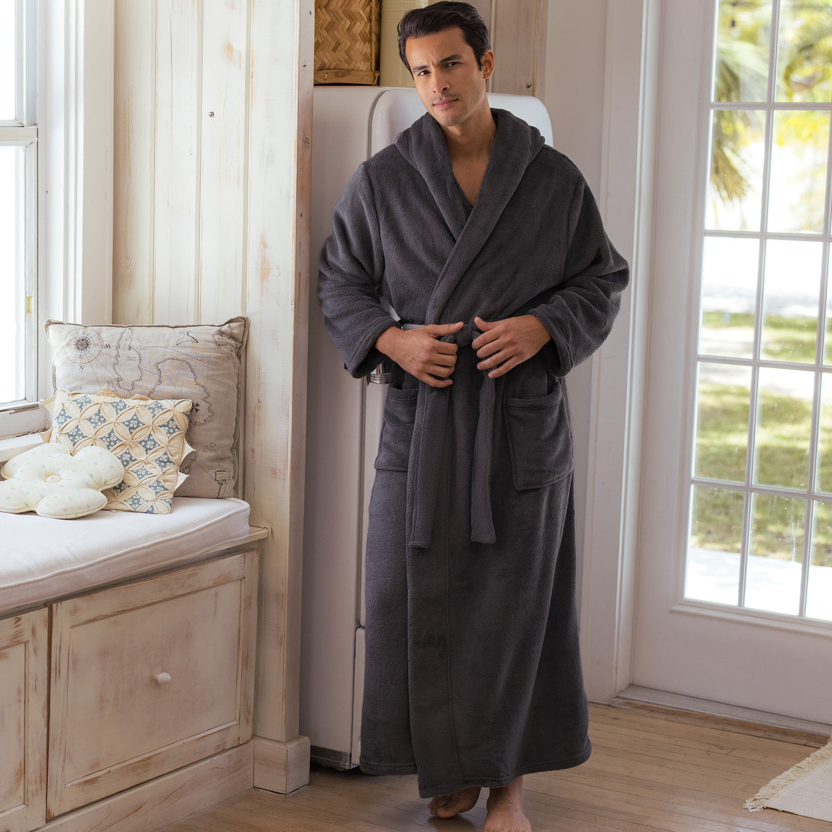 Men's Graphite Gray Plush Fleece Hooded Bathrobe, Full Length Long Warm Lounge Robe with Hood