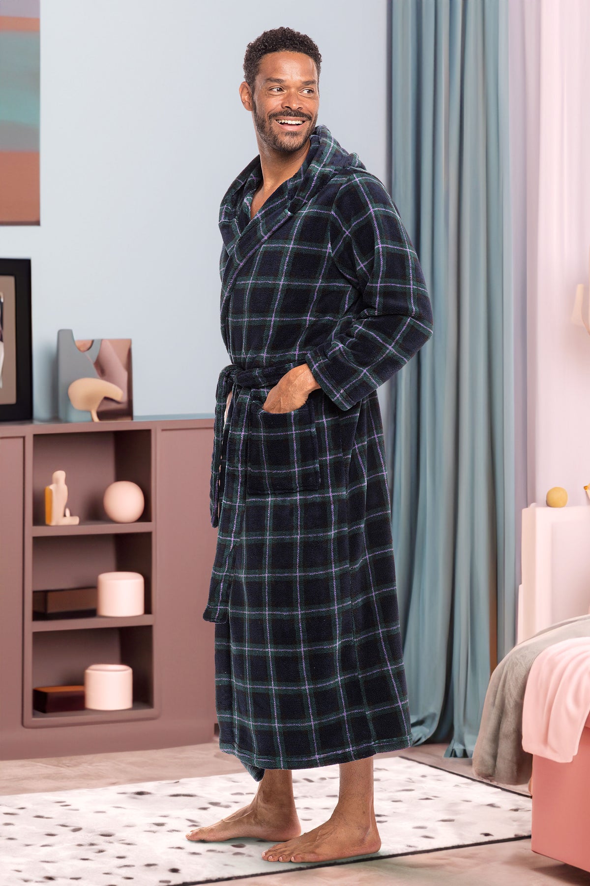 Men's Blue and Green Tartan Plaid Plush Fleece Hooded Bathrobe, Full Length Long Warm Lounge Robe with Hood