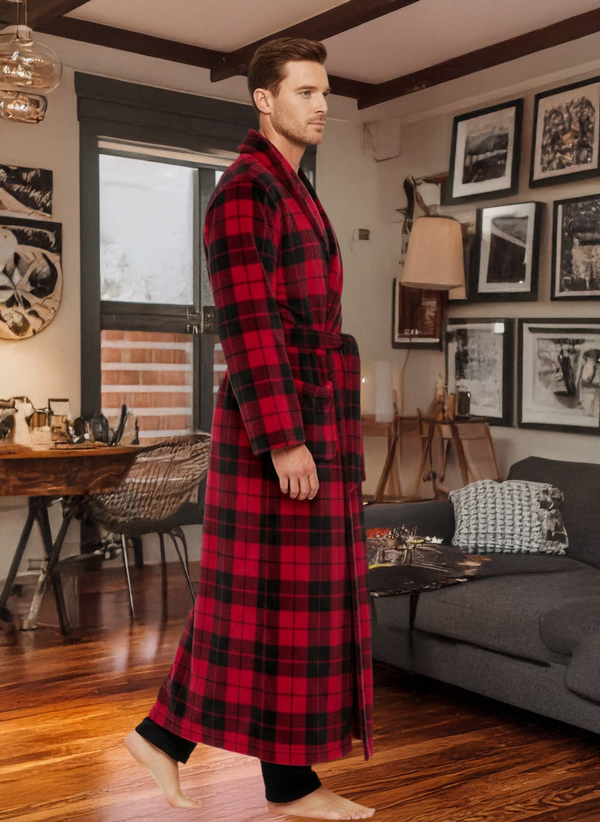 Men's Red Black Plaid Plush Fleece Hooded Bathrobe, Full Length Long Warm Lounge Robe with Hood