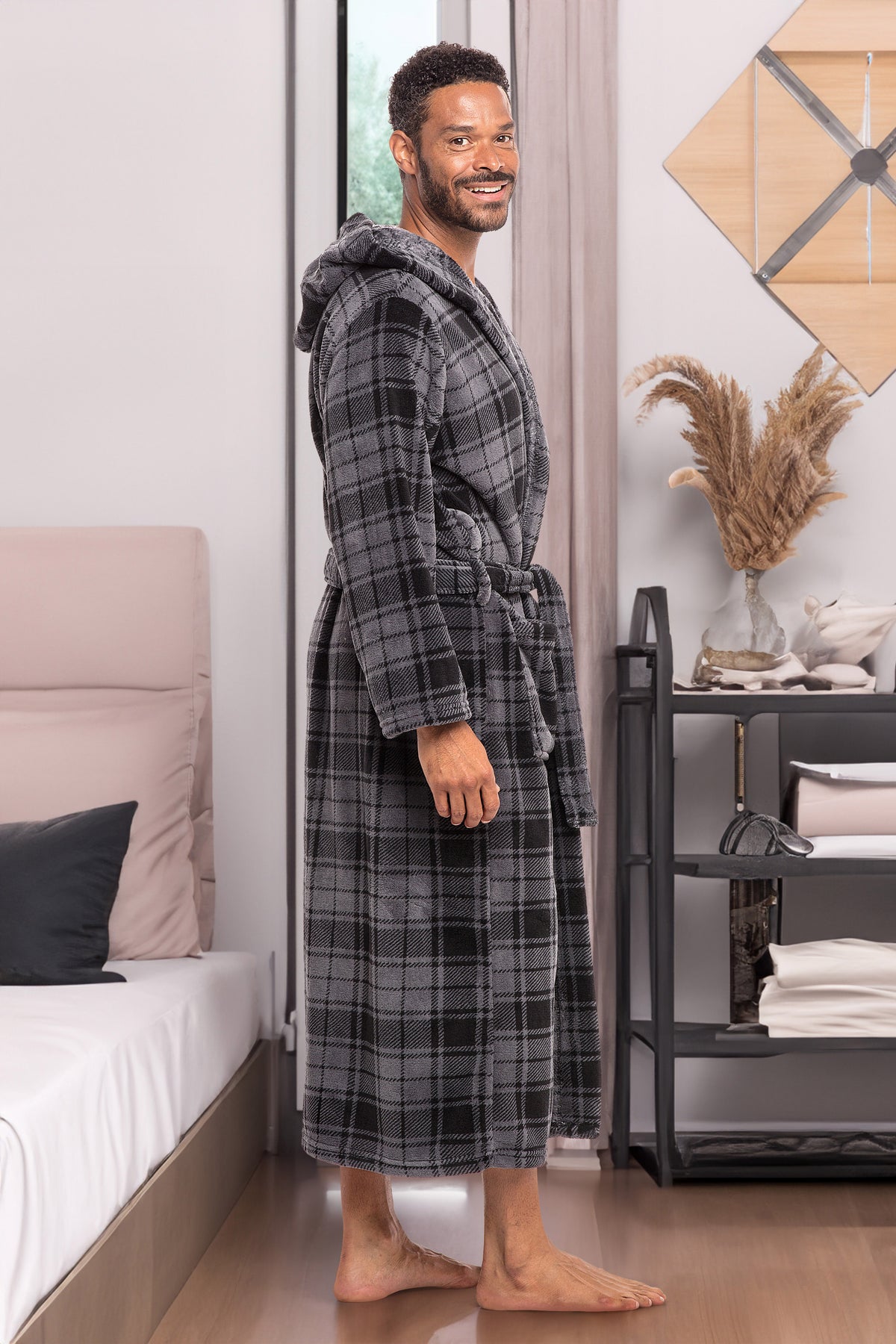 Men's Gray Plaid Plush Fleece Hooded Bathrobe, Full Length Long Warm Lounge Robe with Hood