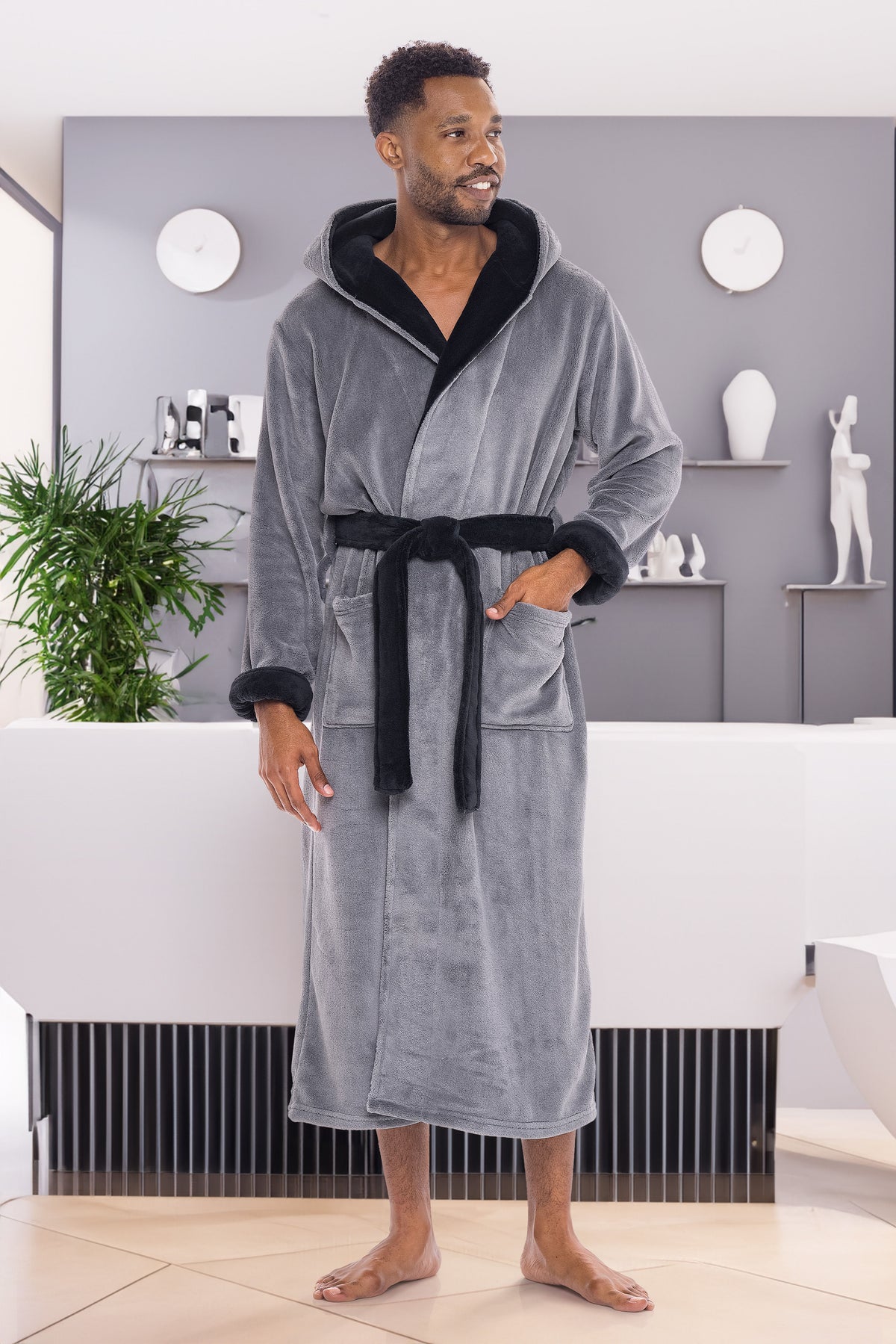 Men's Steel Gray with Black Plush Fleece Hooded Bathrobe, Full Length Long Warm Lounge Robe with Hood