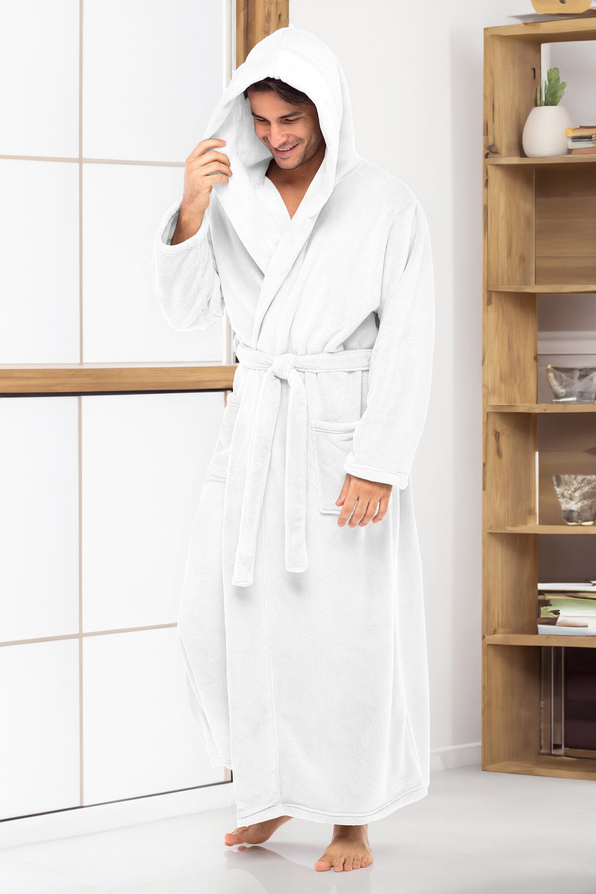 Men's White Plush Fleece Hooded Bathrobe, Full Length Long Warm Lounge Robe with Hood
