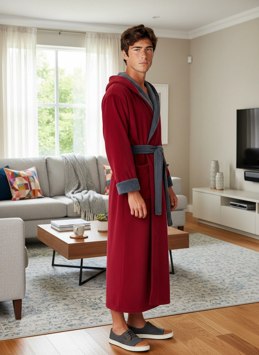 Men's Burgundy and Blue Plush Fleece Hooded Bathrobe, Full Length Long Warm Lounge Robe with Hood